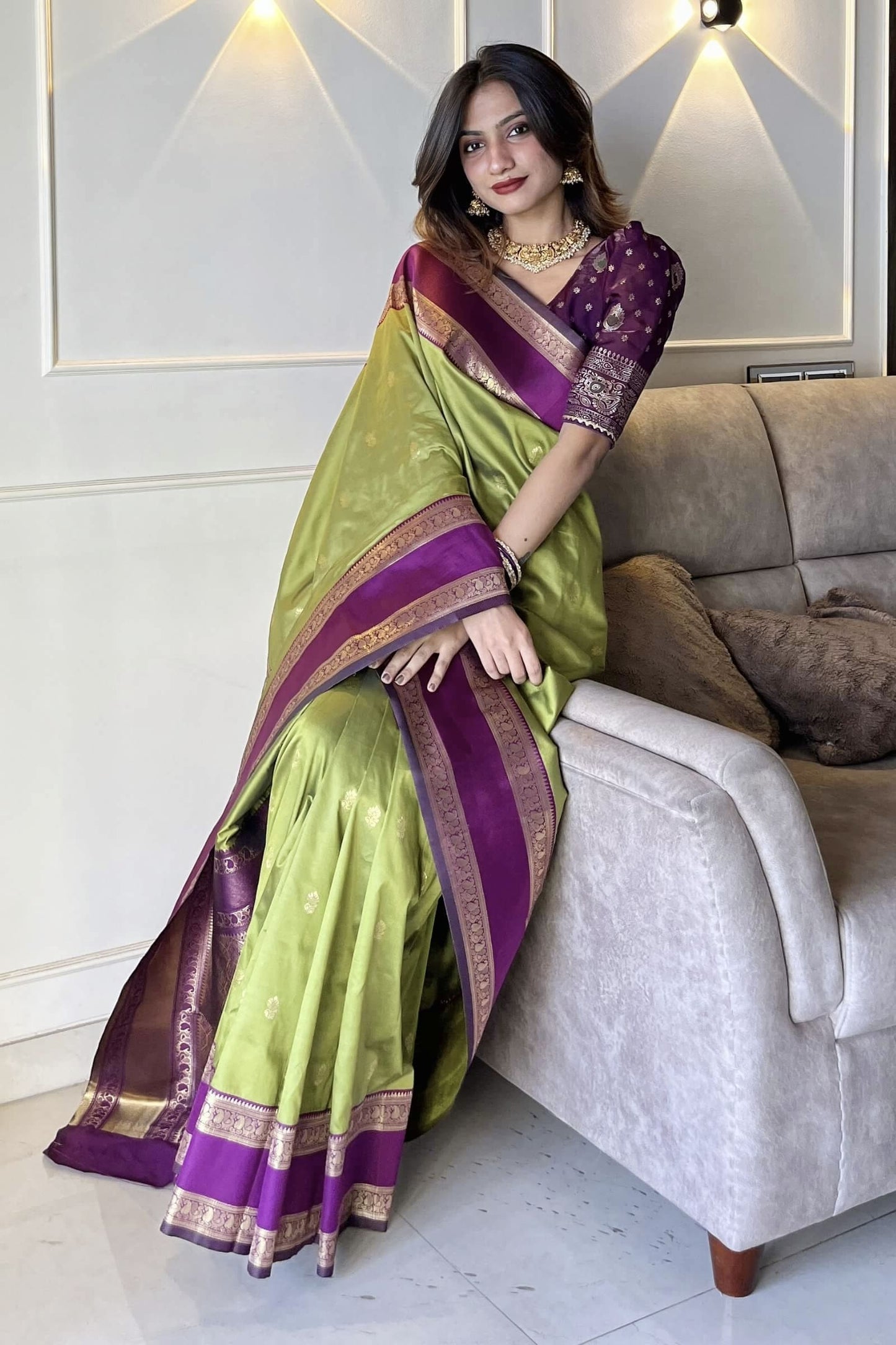 Mehndi Green Banarasi Kathpadar Silk Saree with Zari Weaving & Contrast Purple Blouse Piece