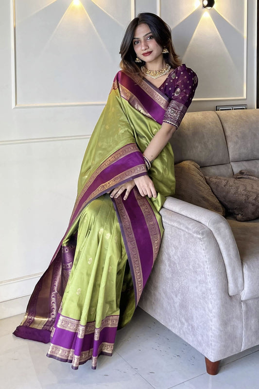 Mehndi Green Banarasi Kathpadar Silk Saree with Zari Weaving & Contrast Purple Blouse Piece