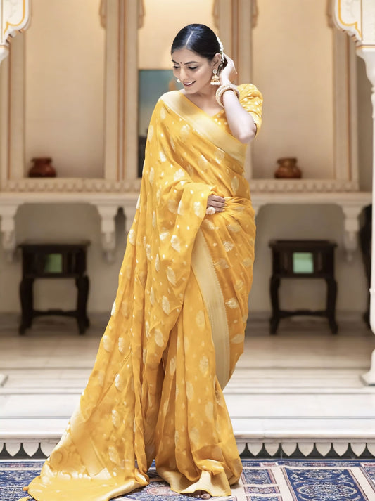 Yellow Soft Banarasi Silk Saree with Jacquard Weave & Matching Blouse Piece