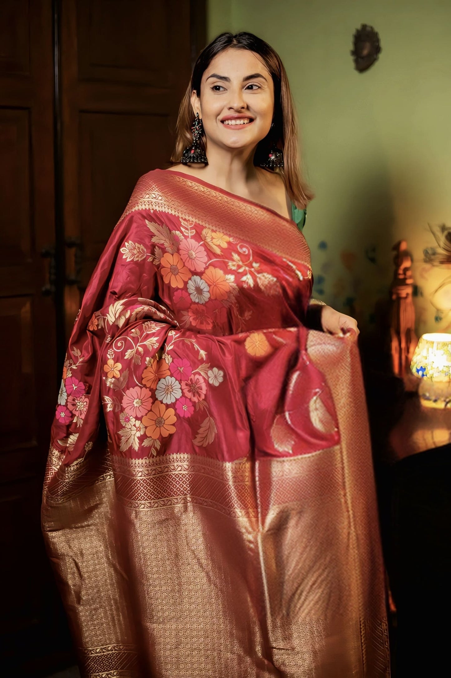 Red Banarasi Silk Saree with Zari Weaving & Matching Blouse Piece