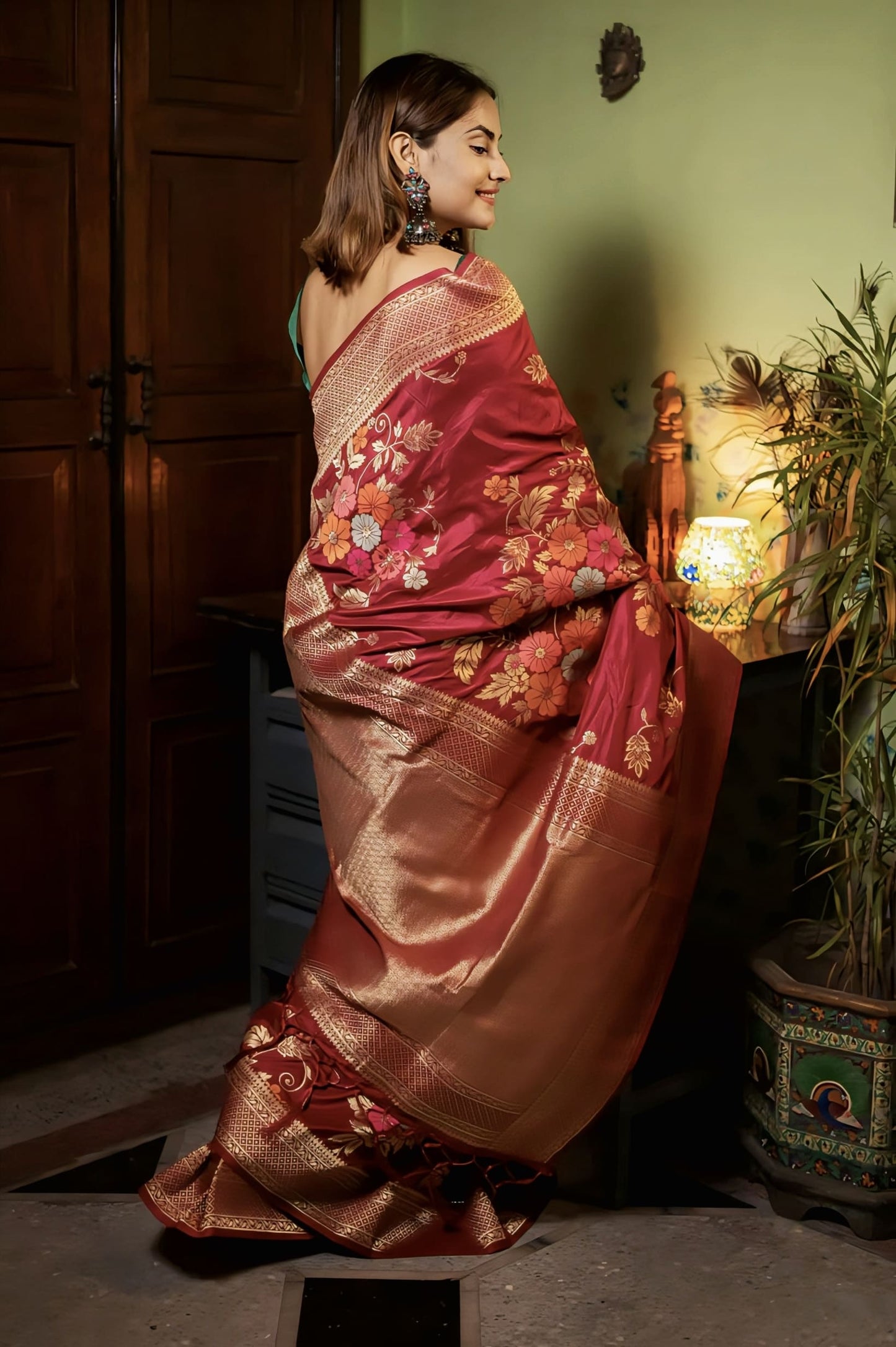 Red Banarasi Silk Saree with Zari Weaving & Matching Blouse Piece