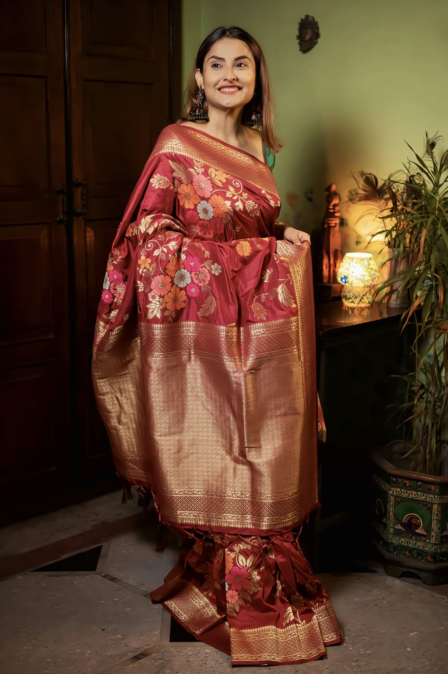 Red Banarasi Silk Saree with Zari Weaving & Matching Blouse Piece