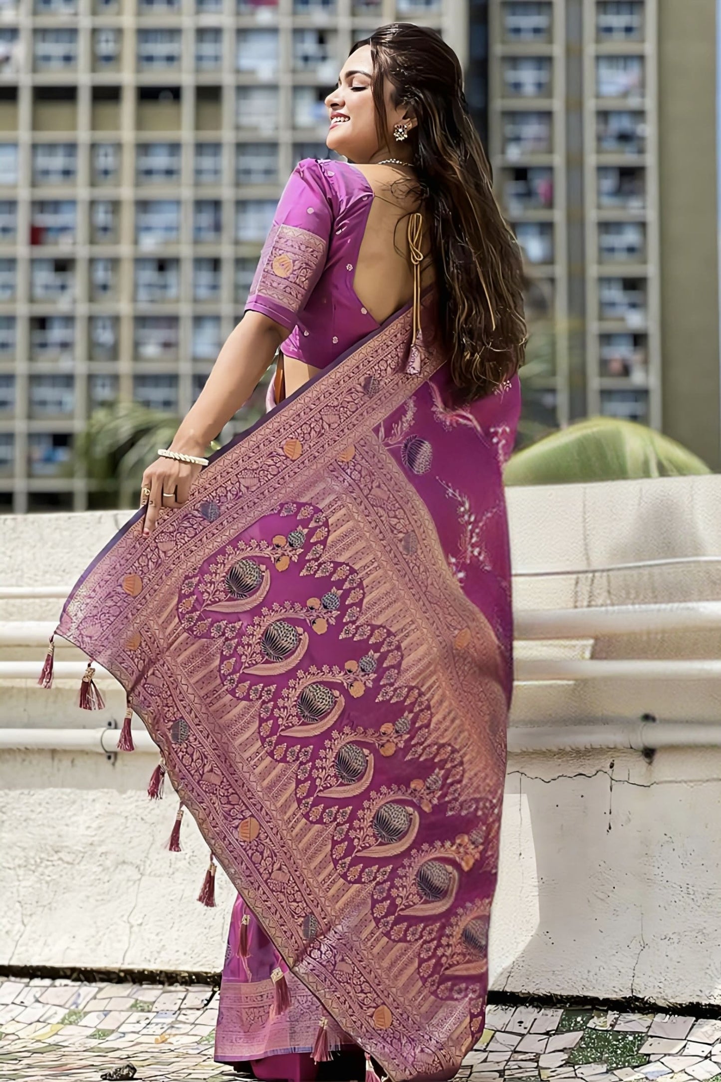 Purple Banarasi Silk Saree with Zari Weaving & Matching Blouse Piece