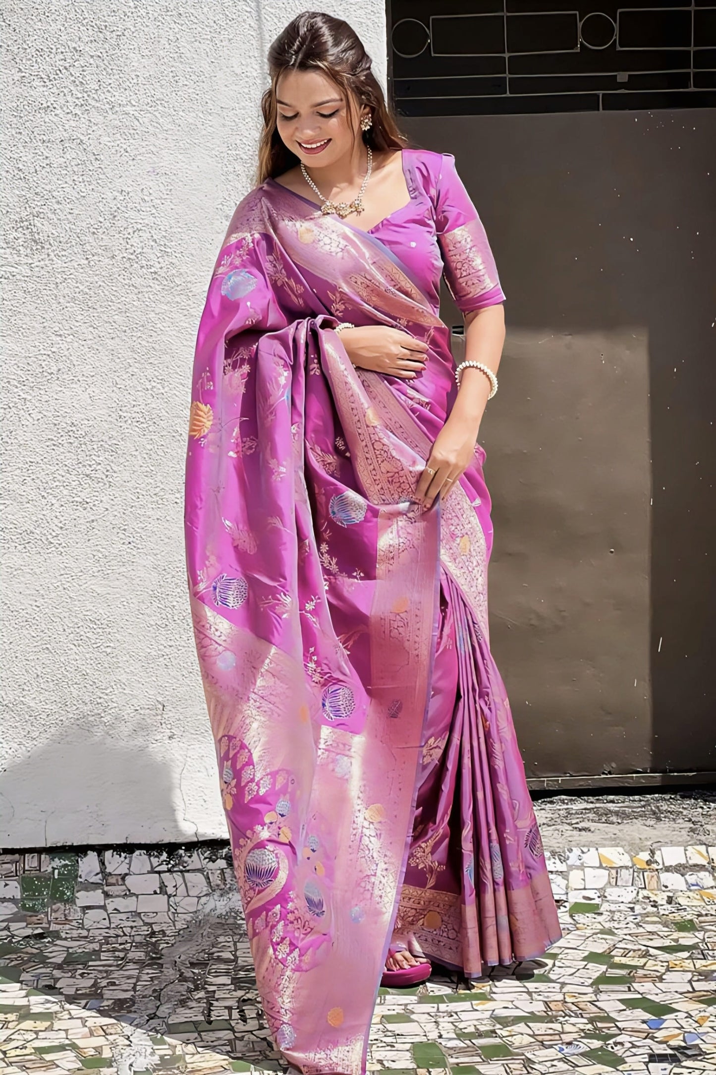 Purple Banarasi Silk Saree with Zari Weaving & Matching Blouse Piece