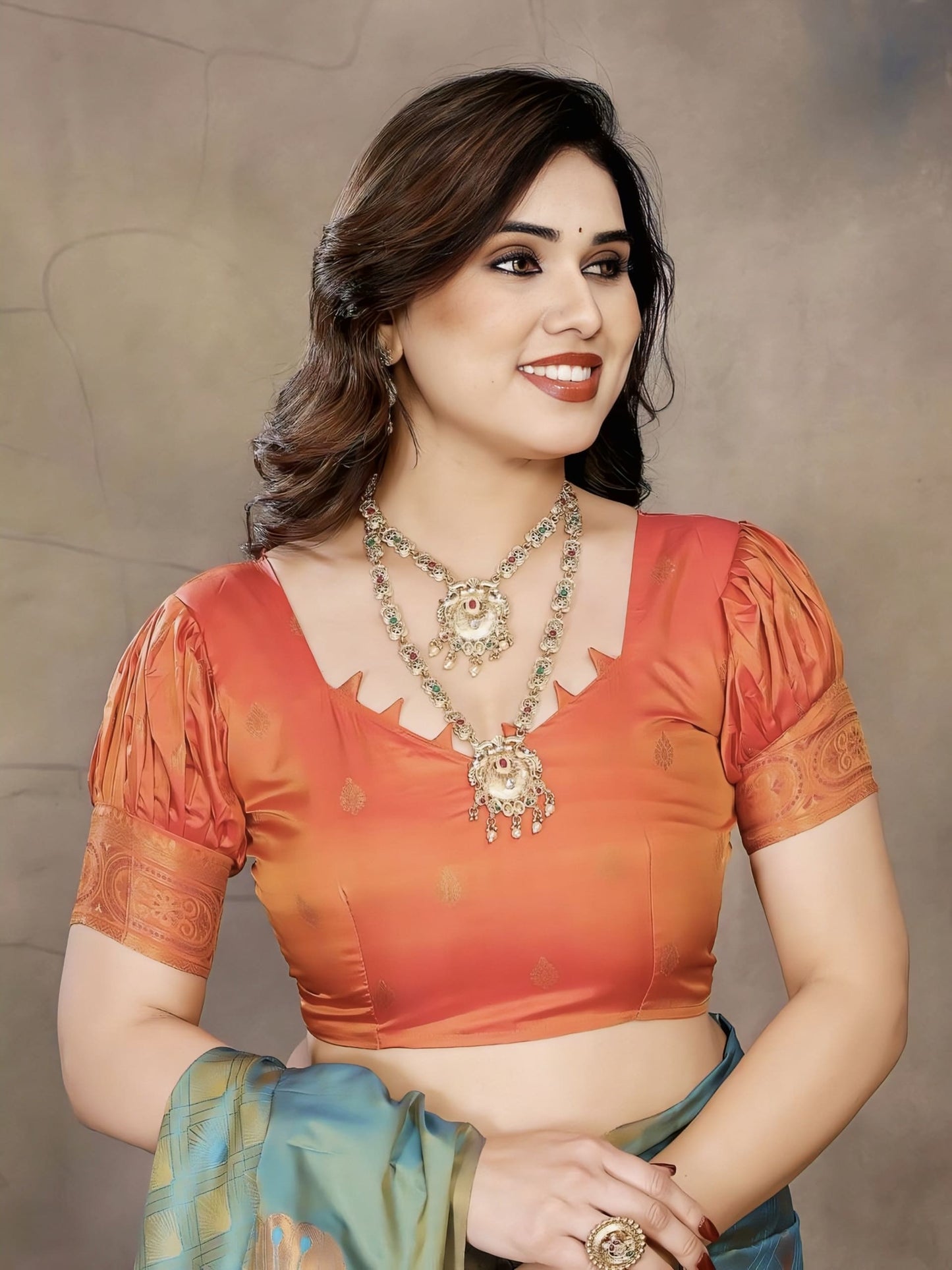 Rama Green Soft Banarasi Silk Saree with Zari Weaving & Contrast Orange Blouse Piece