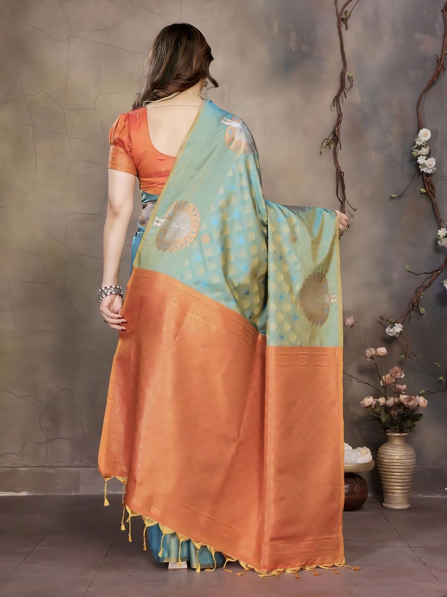 Rama Green Soft Banarasi Silk Saree with Zari Weaving & Contrast Orange Blouse Piece