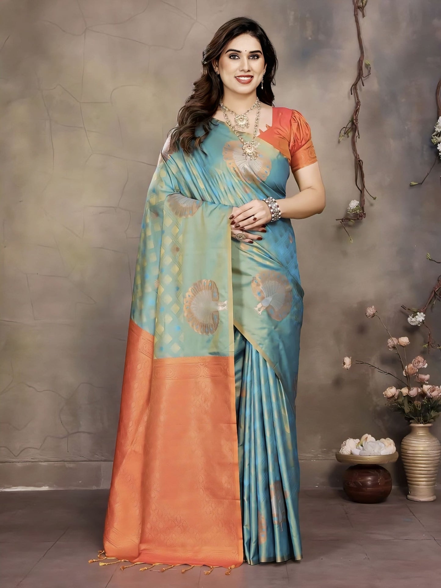 Rama Green Soft Banarasi Silk Saree with Zari Weaving & Contrast Orange Blouse Piece