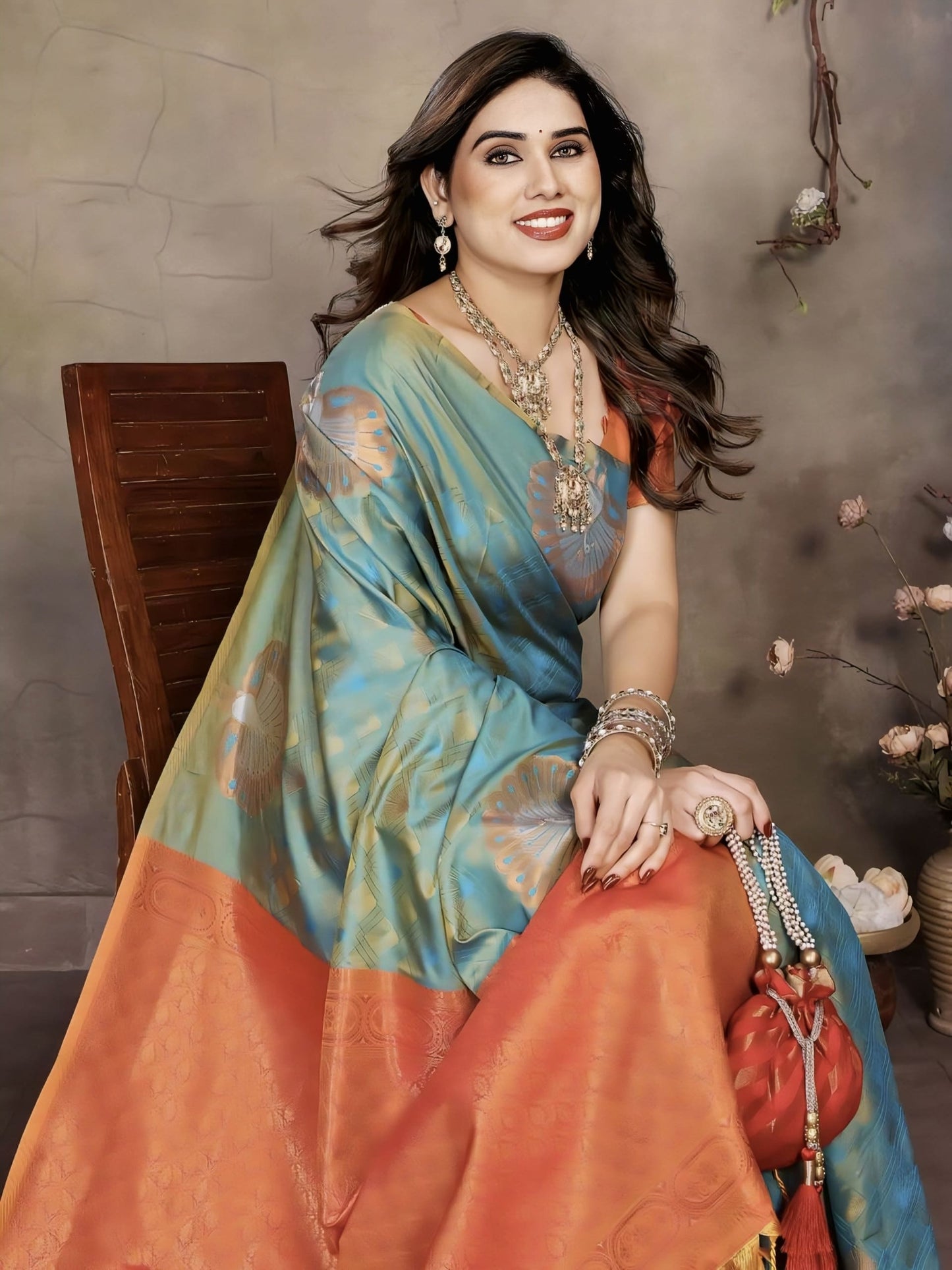 Rama Green Soft Banarasi Silk Saree with Zari Weaving & Contrast Orange Blouse Piece