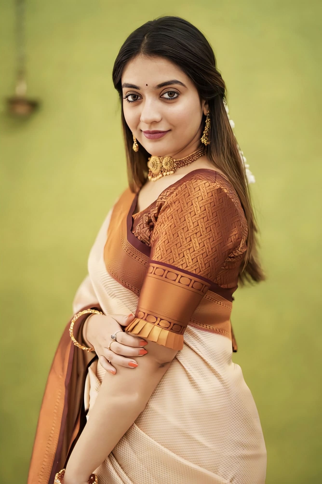 Beige Soft Banarasi Silk Saree with Jacquard Weave & Contrast Brown Blouse Piece