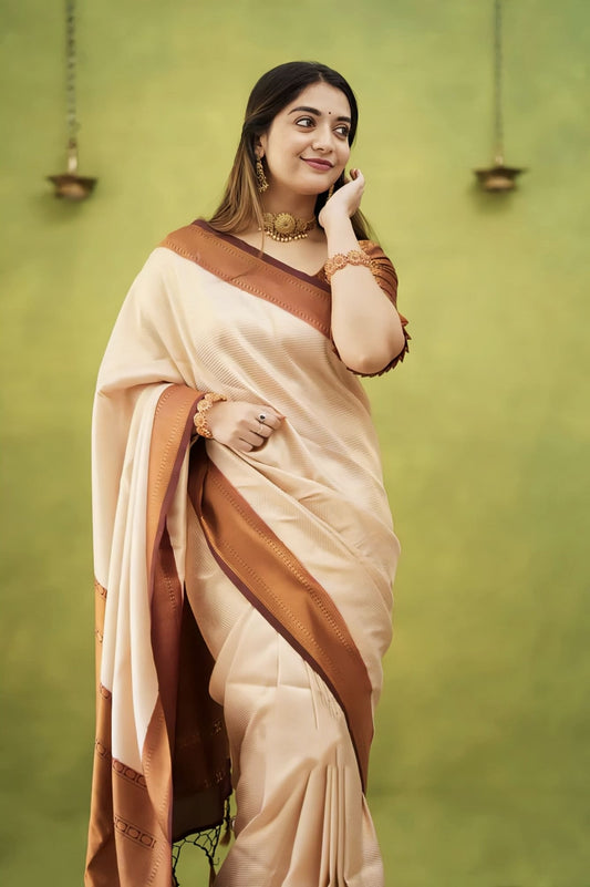 Beige Soft Banarasi Silk Saree with Jacquard Weave & Contrast Brown Blouse Piece