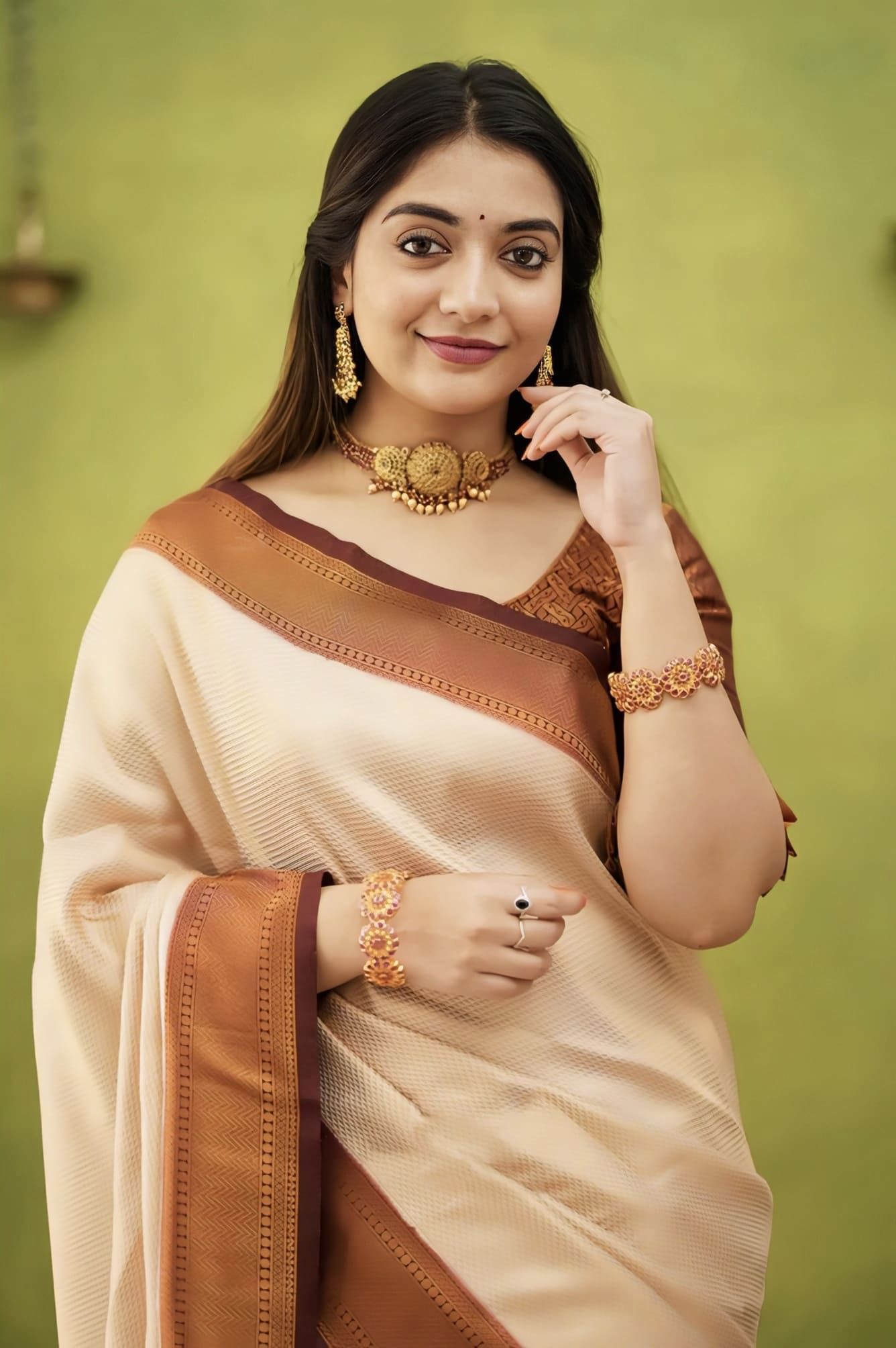 Beige Soft Banarasi Silk Saree with Jacquard Weave & Contrast Brown Blouse Piece