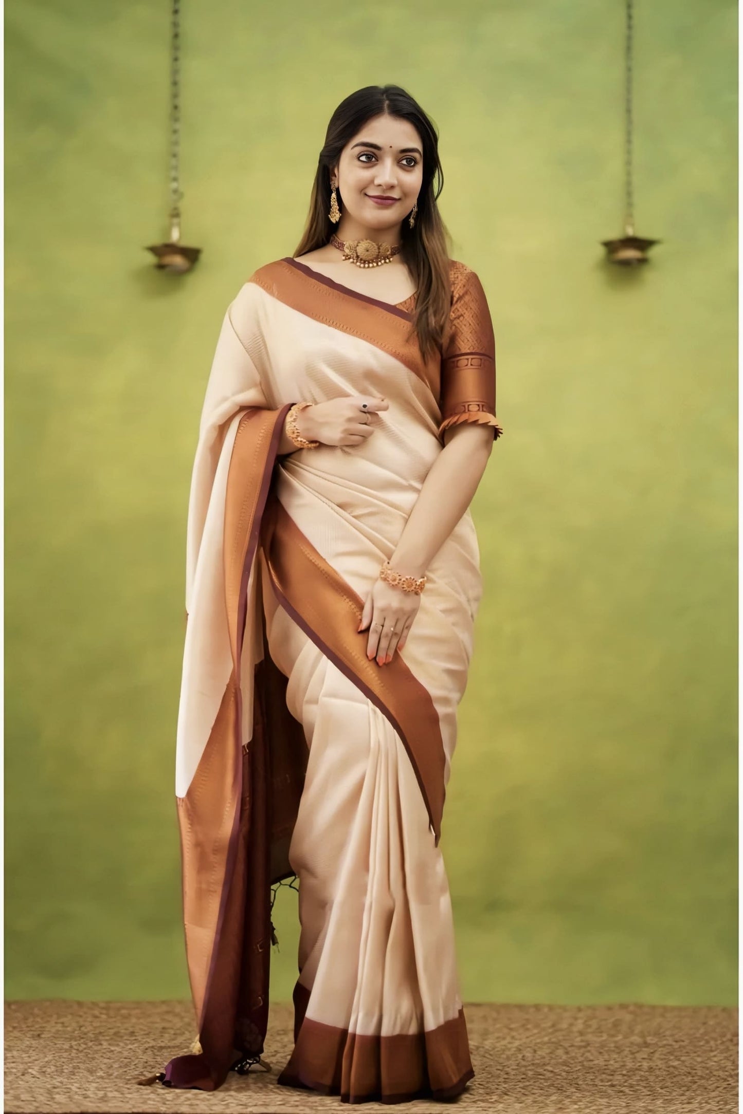 Beige Soft Banarasi Silk Saree with Jacquard Weave & Contrast Brown Blouse Piece