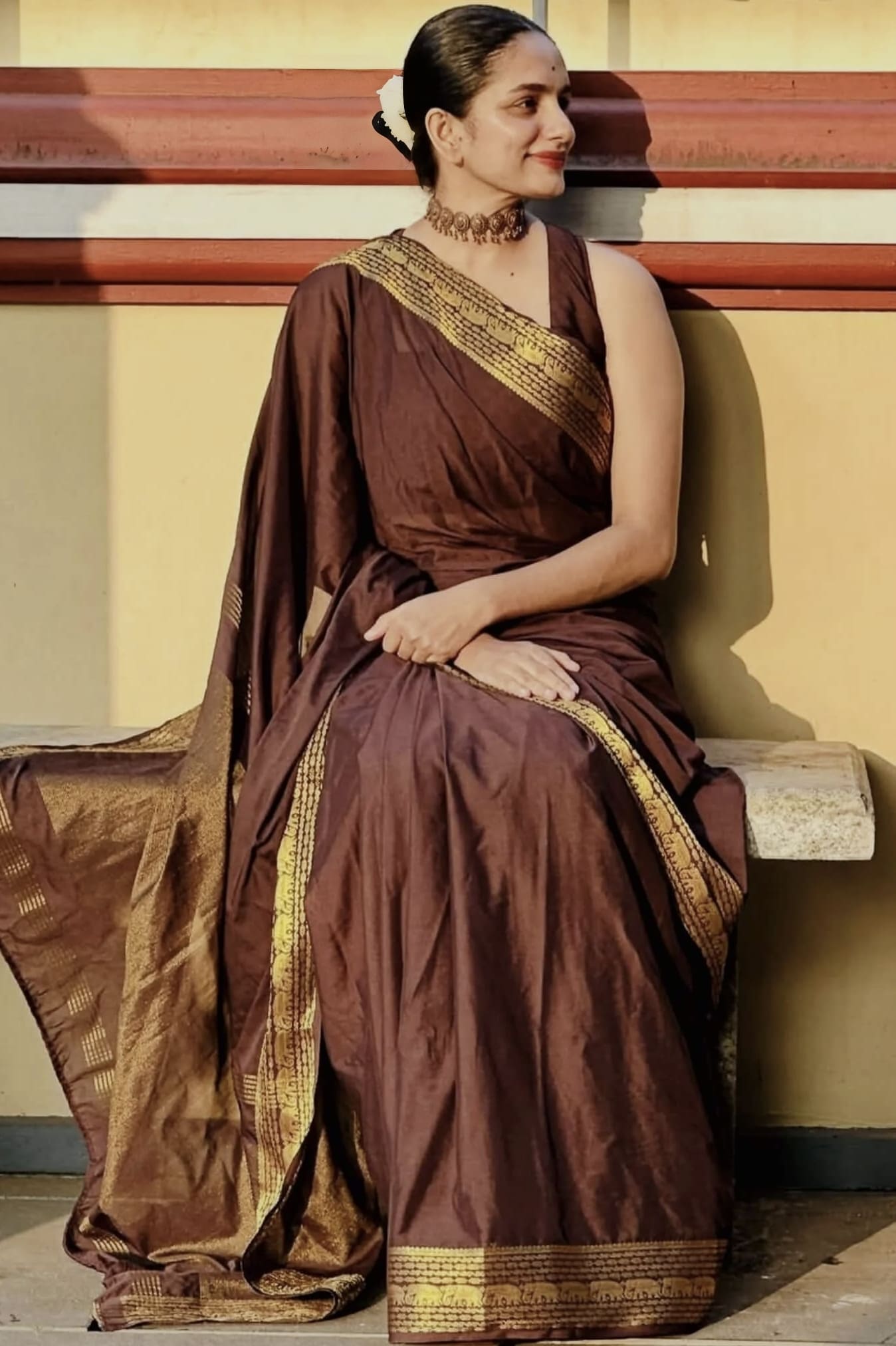 Brown Banarasi Silk Saree with Pure Zari Weaving & Matching Blouse Piece