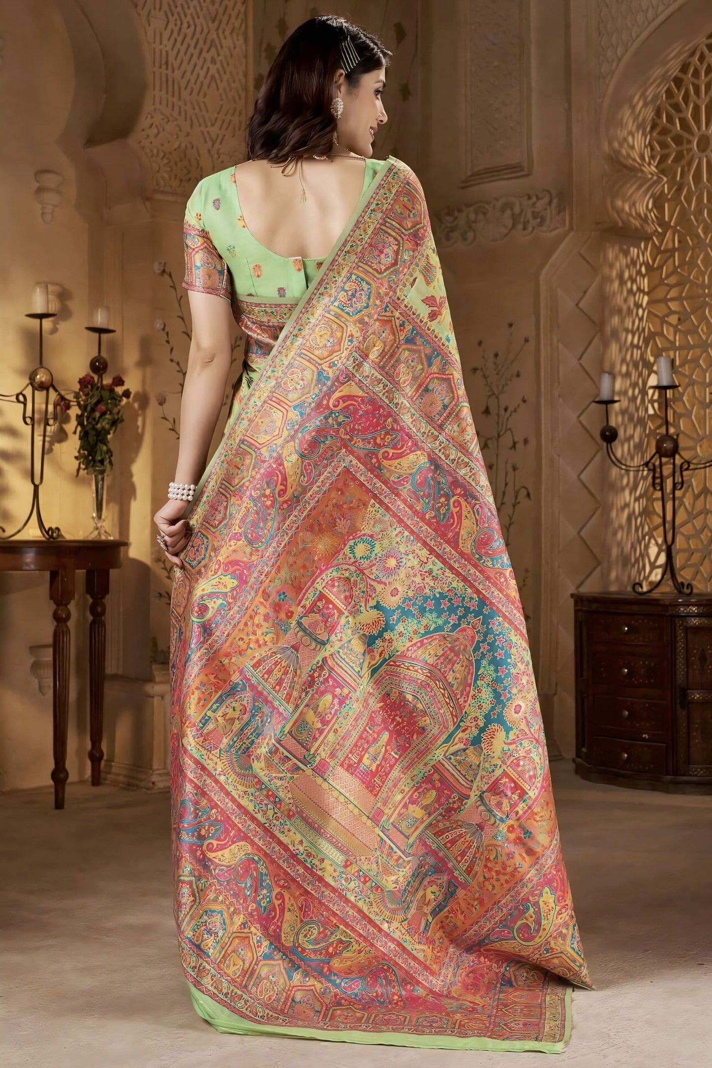 Pista Green Kashmiri Modal Silk Saree with Zari Weaving & Matching Blouse Piece