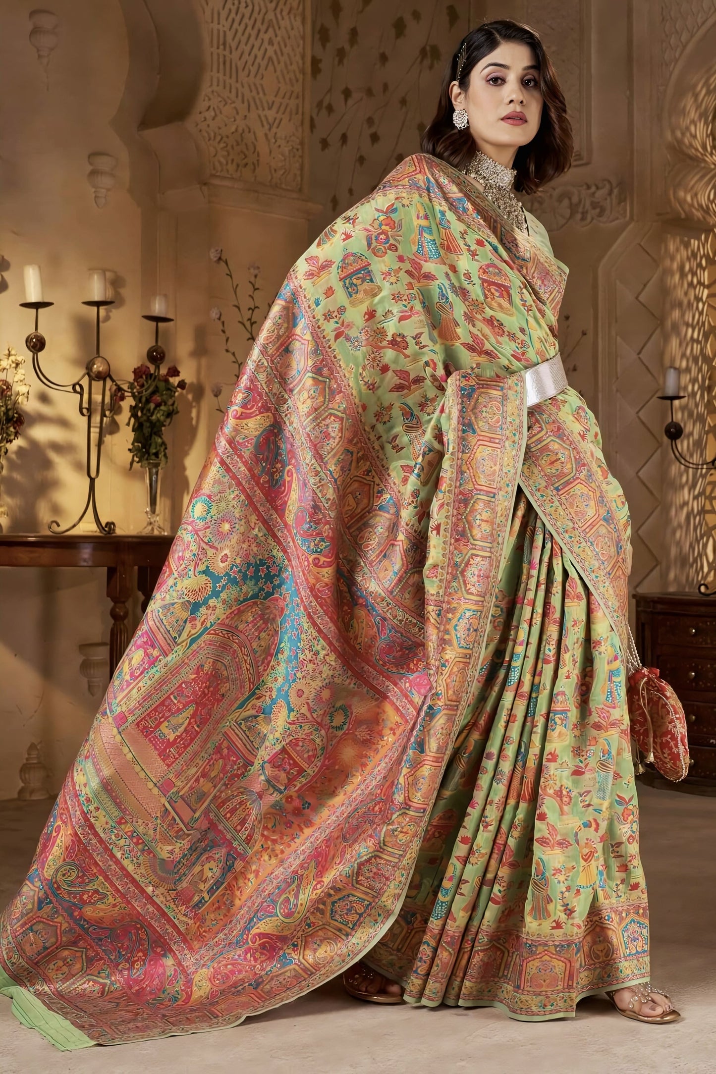 Pista Green Kashmiri Modal Silk Saree with Zari Weaving & Matching Blouse Piece