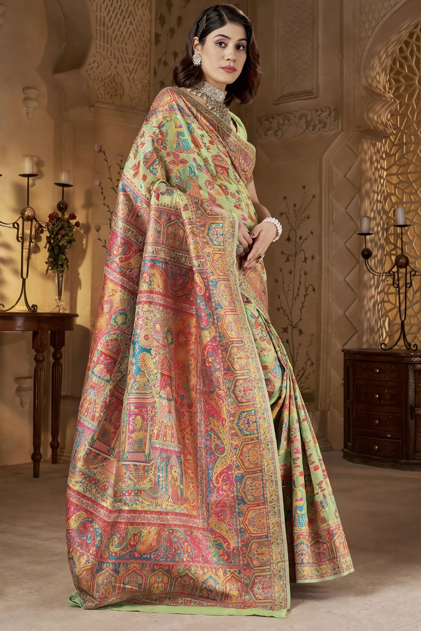 Pista Green Kashmiri Modal Silk Saree with Zari Weaving & Matching Blouse Piece
