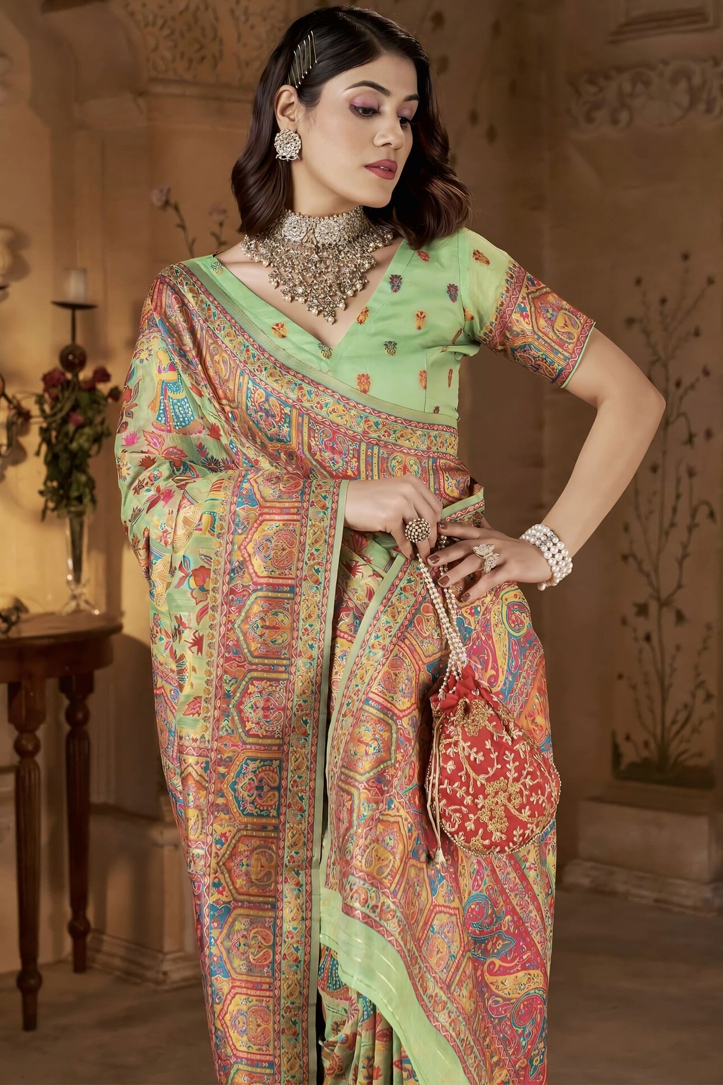 Pista Green Kashmiri Modal Silk Saree with Zari Weaving & Matching Blouse Piece