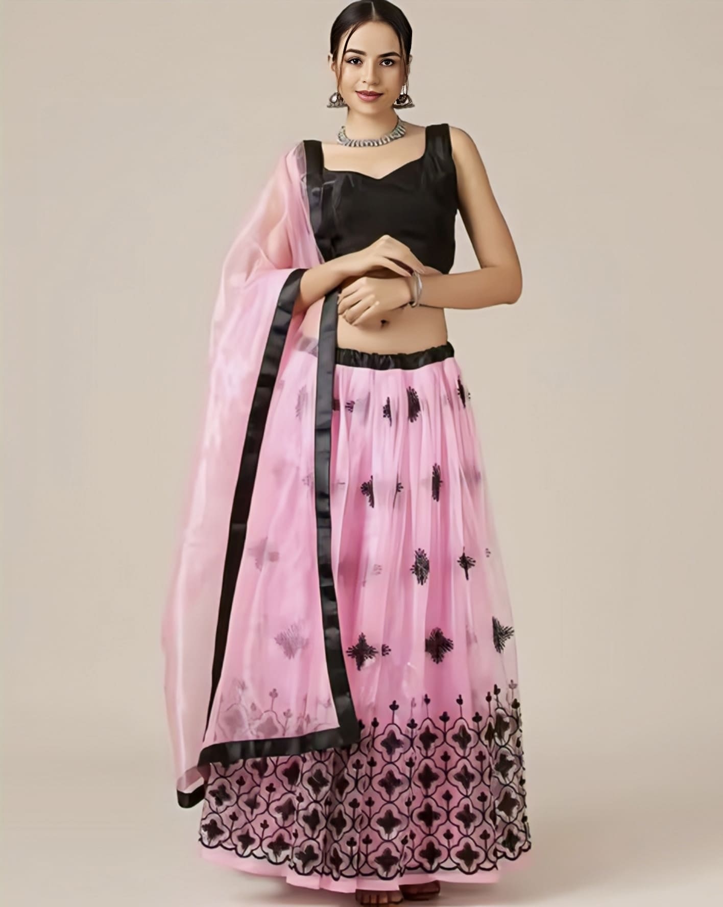Black Embroidered Blouse with Pink Lehenga Choli for Women – Party Wear Designer Outfit