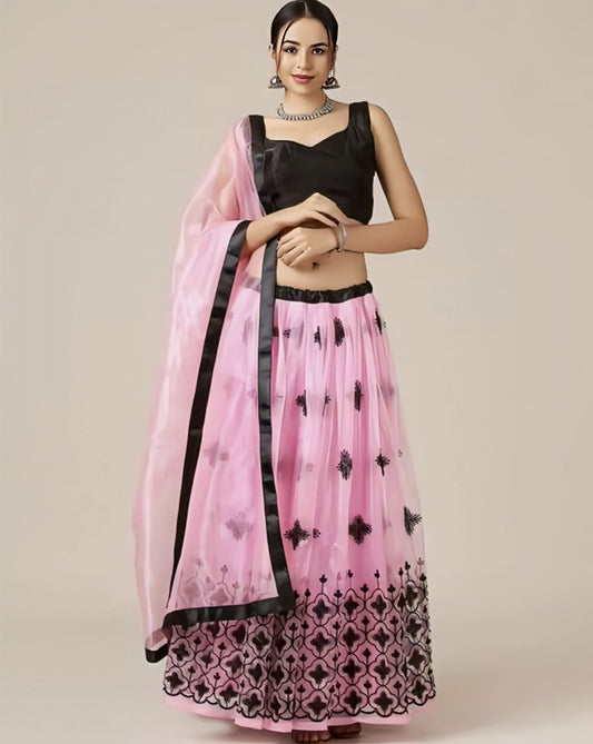 Black Embroidered Blouse with Pink Lehenga Choli for Women – Party Wear Designer Outfit