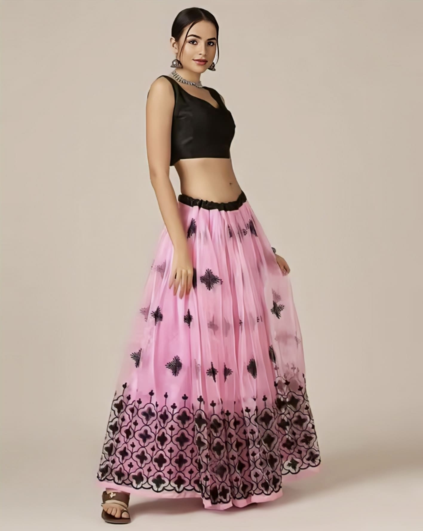 Black Embroidered Blouse with Pink Lehenga Choli for Women – Party Wear Designer Outfit