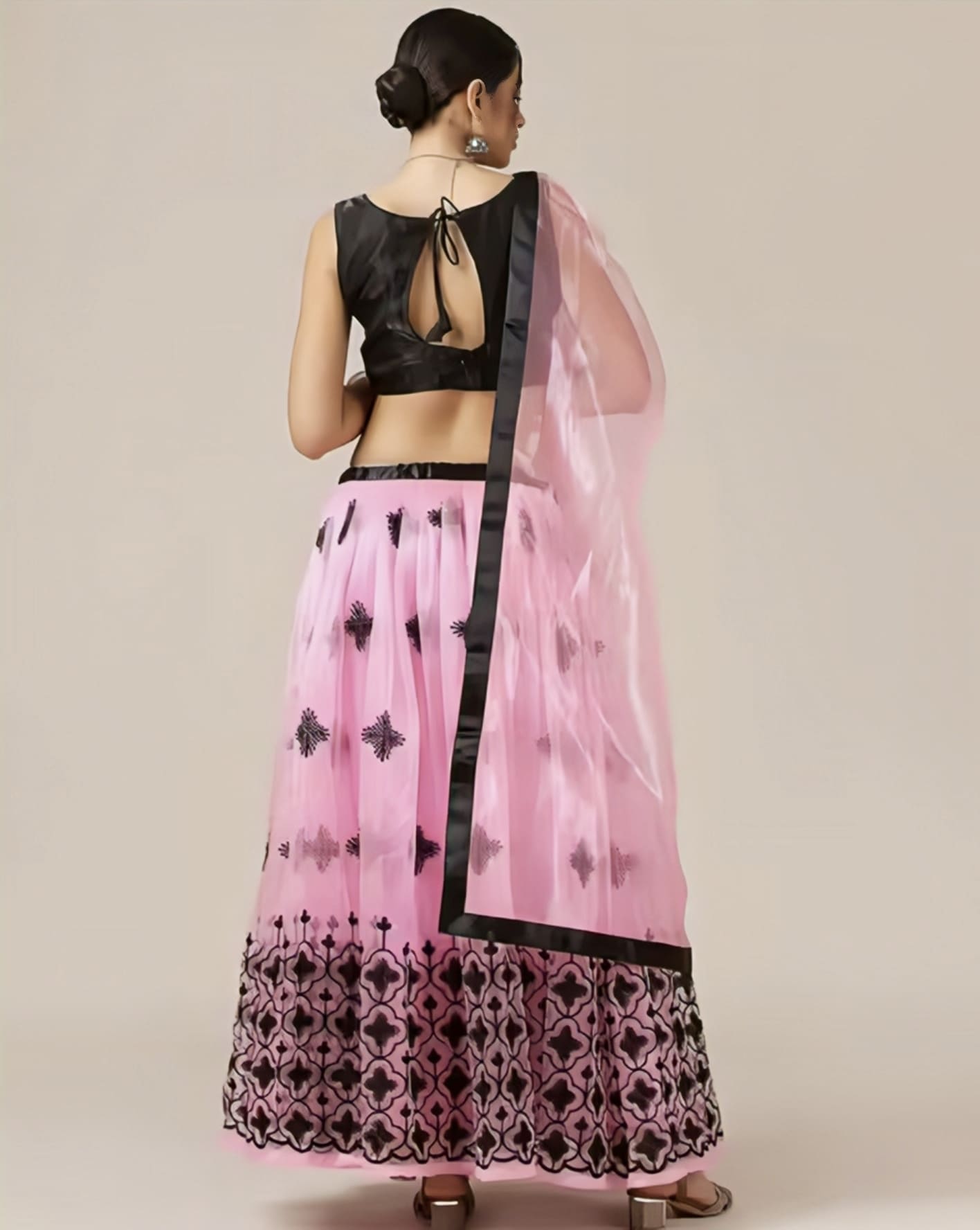 Black Embroidered Blouse with Pink Lehenga Choli for Women – Party Wear Designer Outfit