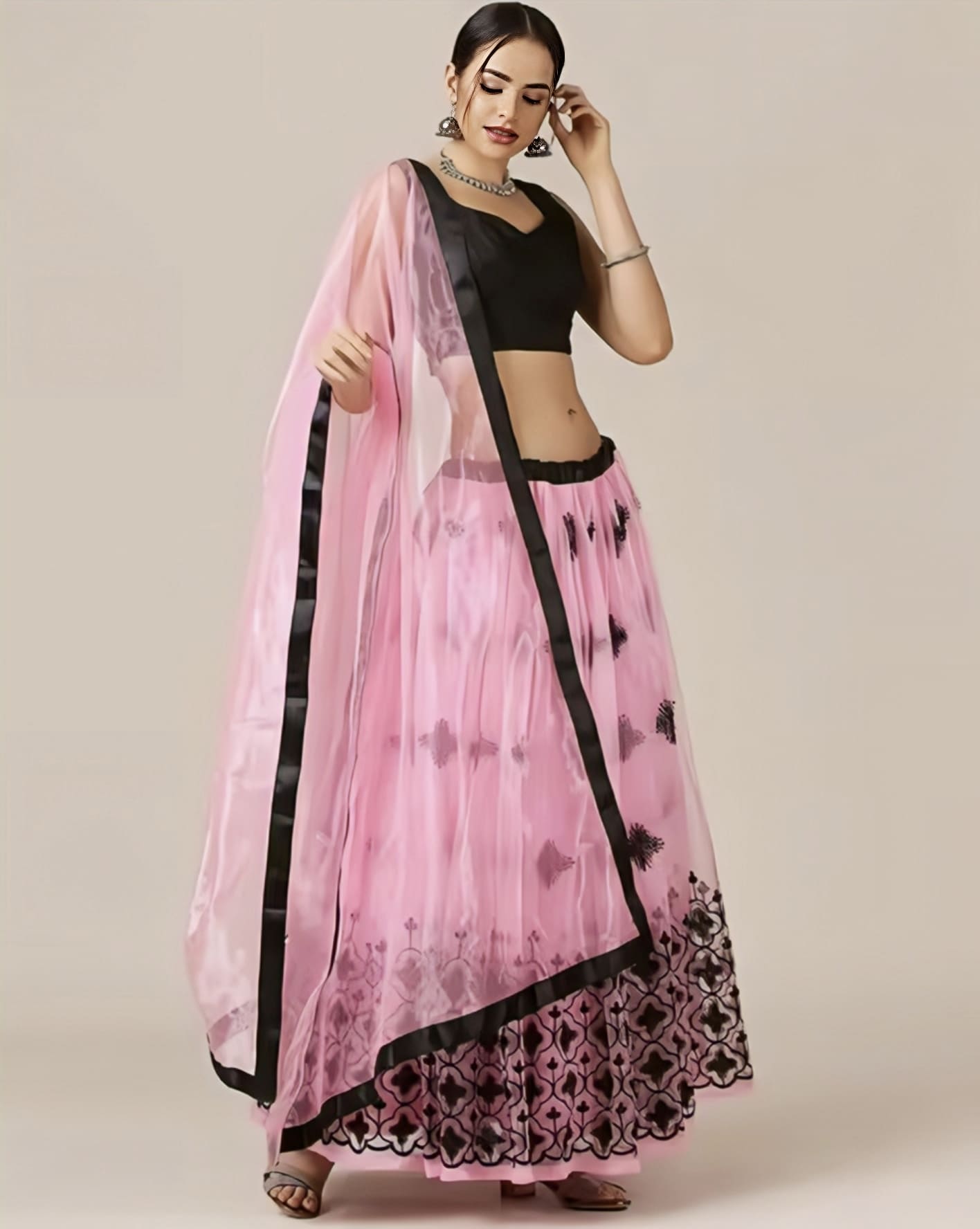Black Embroidered Blouse with Pink Lehenga Choli for Women – Party Wear Designer Outfit