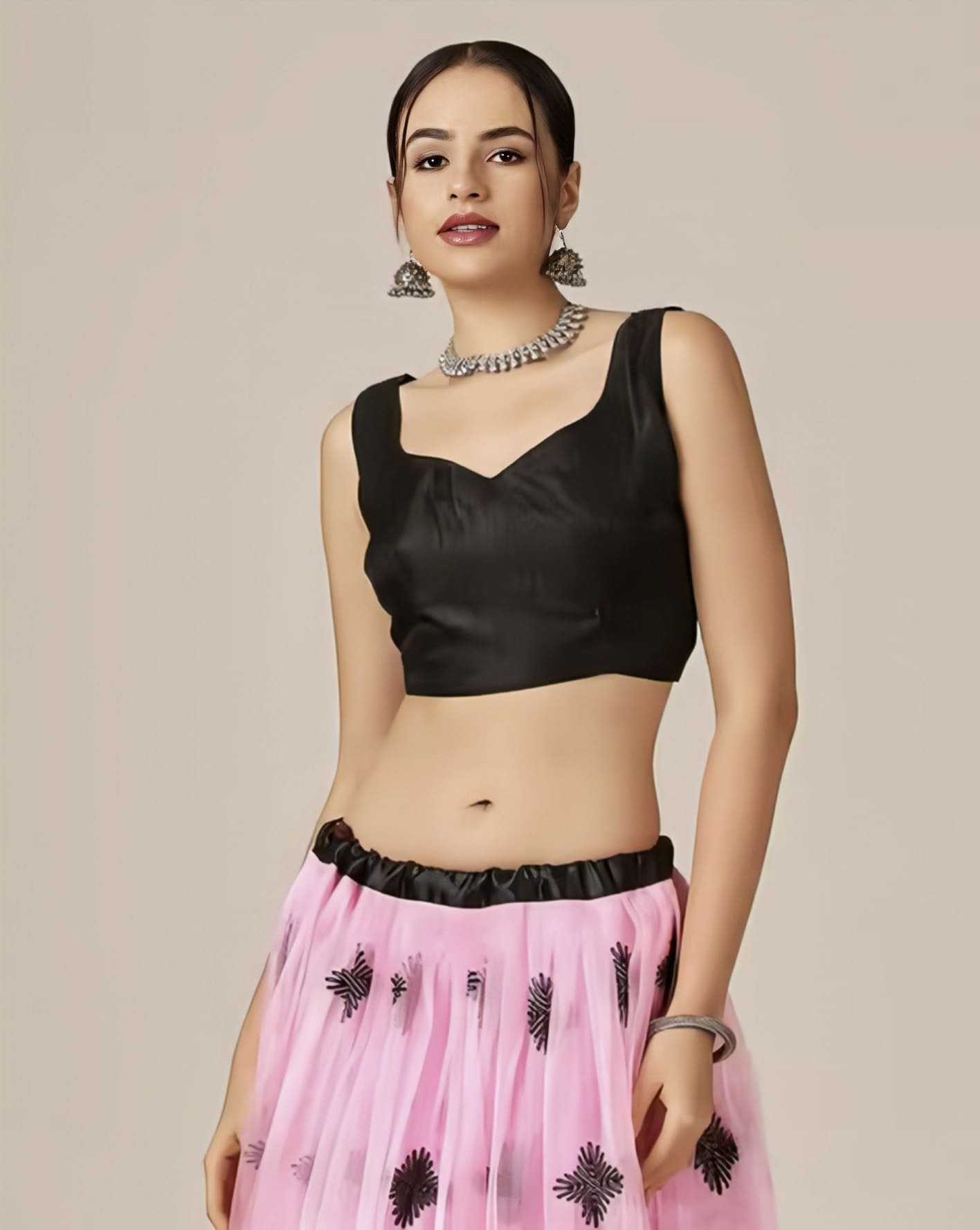 Black Embroidered Blouse with Pink Lehenga Choli for Women – Party Wear Designer Outfit