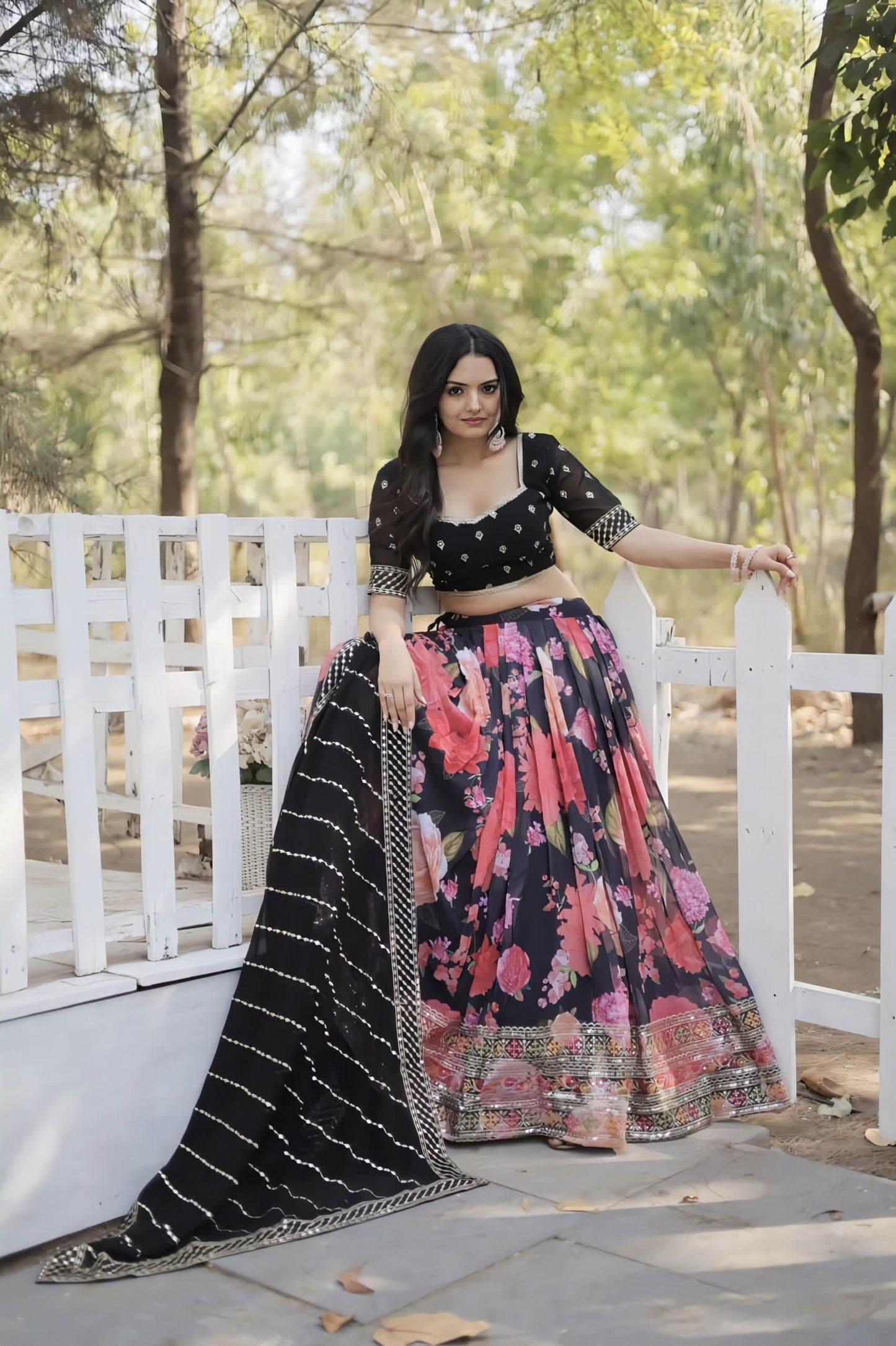 Black Blouse with Floral Pink Lehenga for Women – Designer Party Wear Lehenga Choli