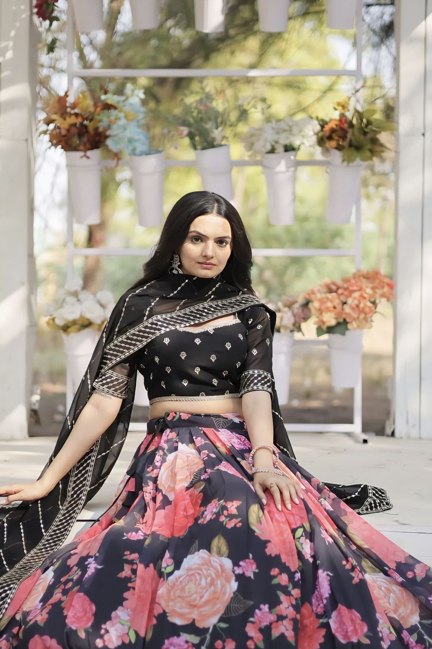 Black Blouse with Floral Pink Lehenga for Women – Designer Party Wear Lehenga Choli