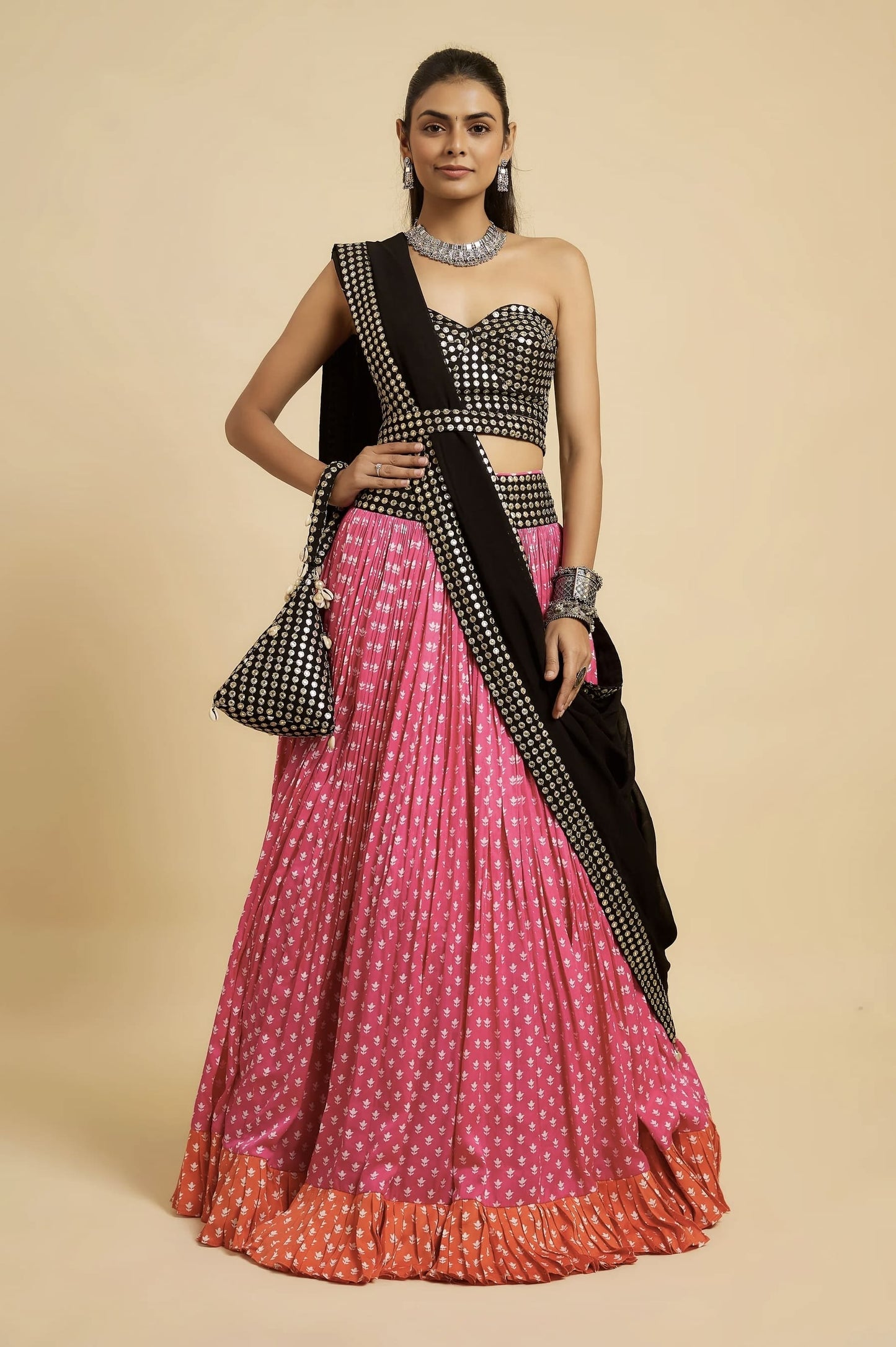 Black Mirror Work Blouse with Pink Lehenga for Women – Designer Festive Lehenga Choli Set