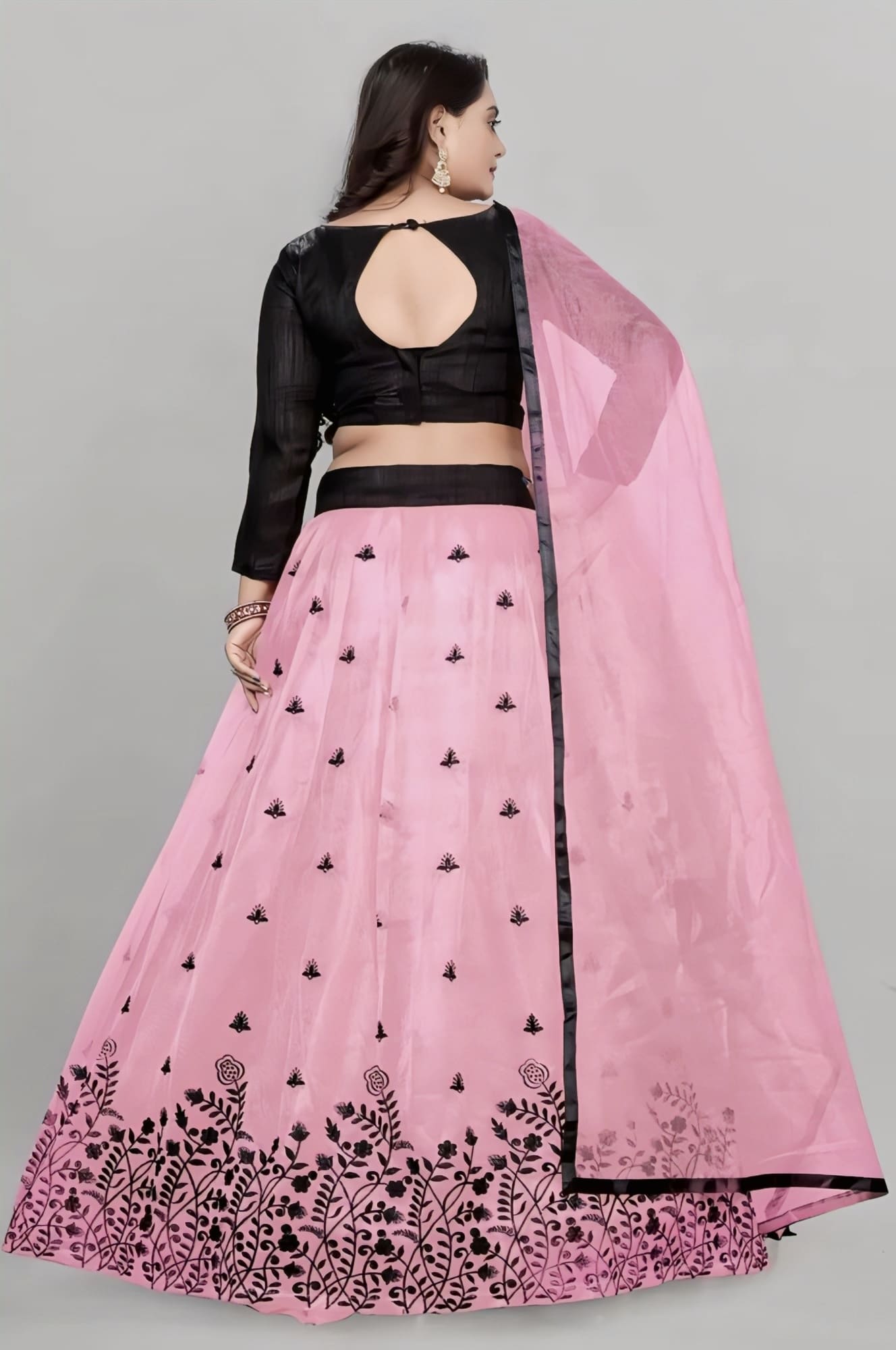 Black Designer Blouse with Pink Embroidered Lehenga for Women – Party Wear Lehenga Choli