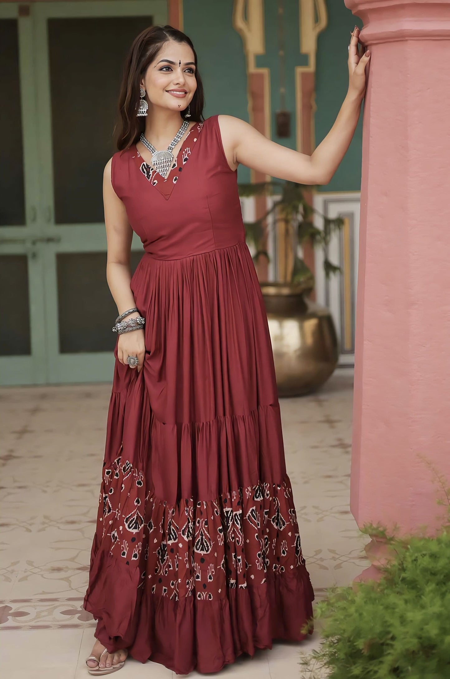 Maroon Rayon Anarkali Gown with Printed Frill, V-Neck & 12 Meter Flair