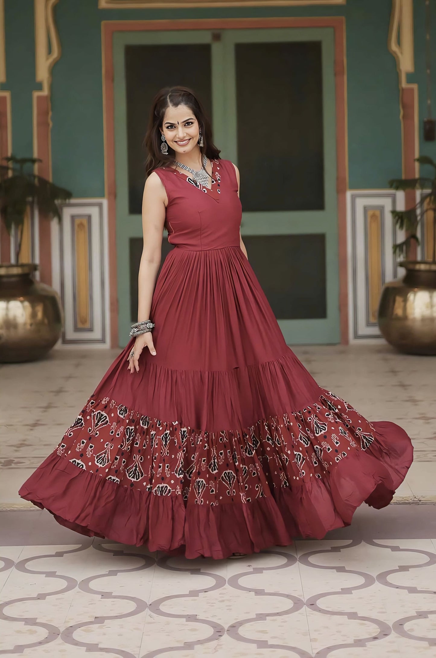Maroon Rayon Anarkali Gown with Printed Frill, V-Neck & 12 Meter Flair