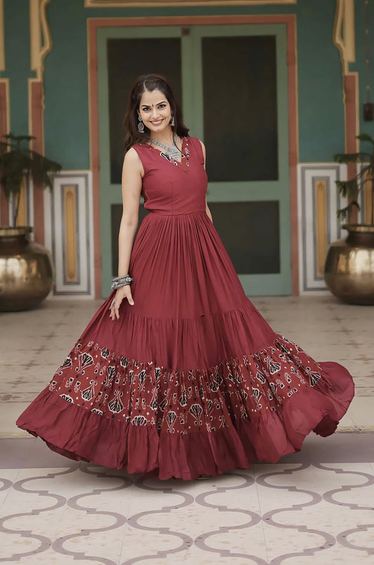Maroon Rayon Anarkali Gown with Printed Frill, V-Neck & 12 Meter Flair