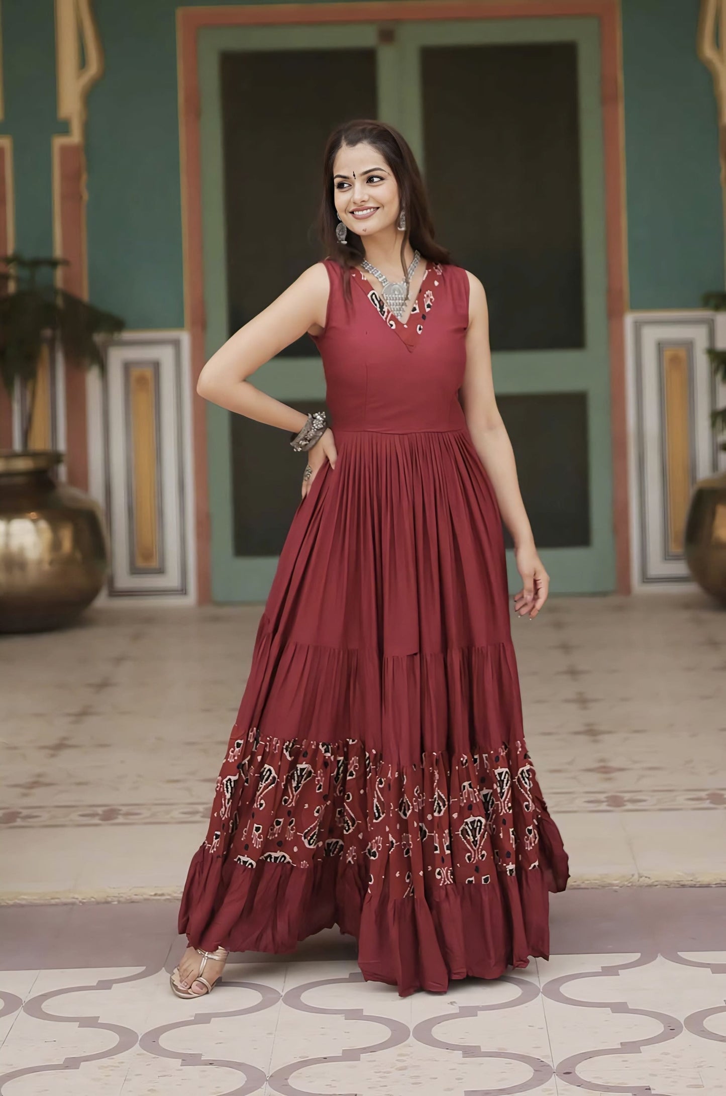 Maroon Rayon Anarkali Gown with Printed Frill, V-Neck & 12 Meter Flair