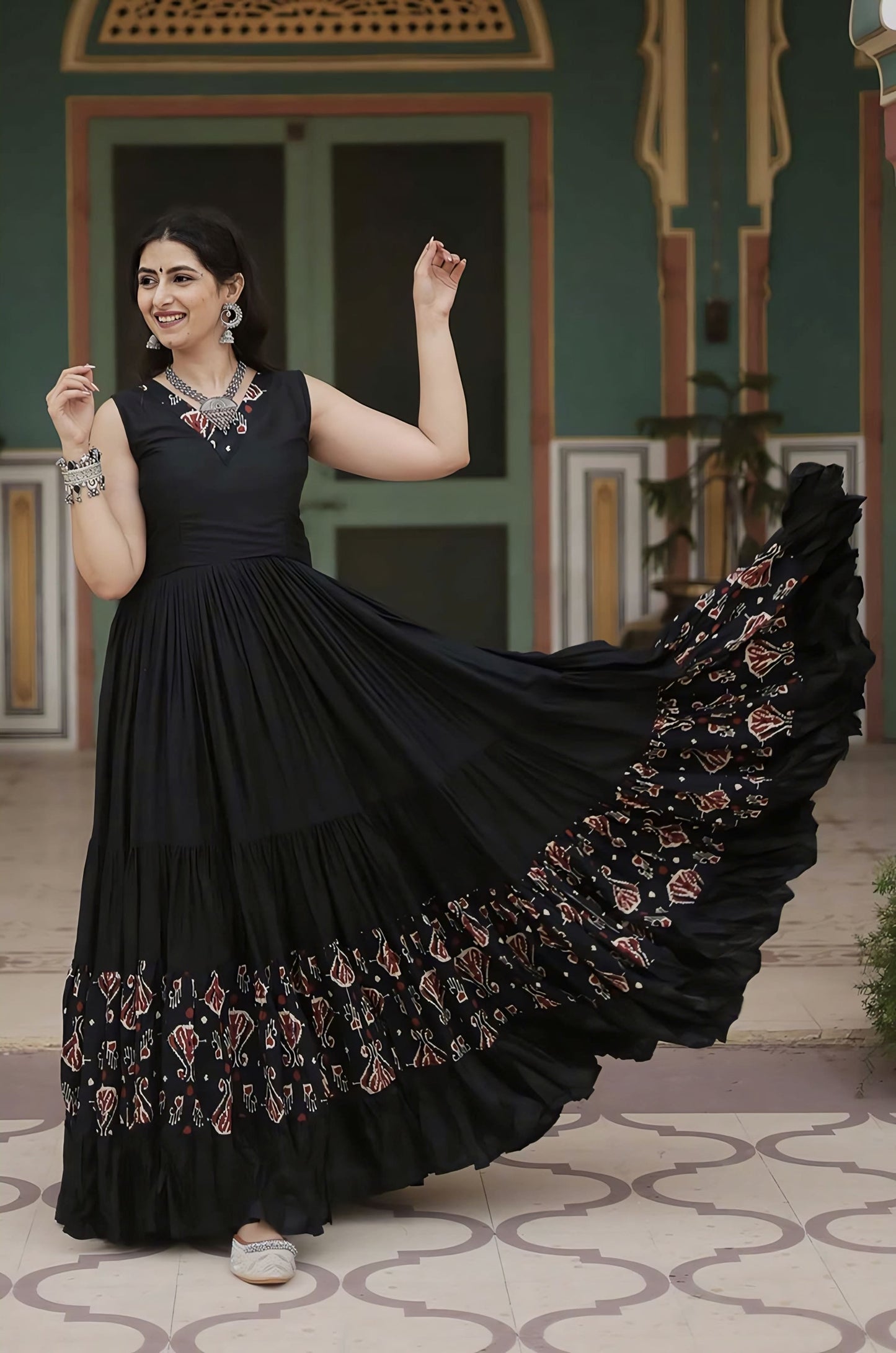 Black Rayon Anarkali Gown with Printed Frill, V-Neck & 12 Meter Flair
