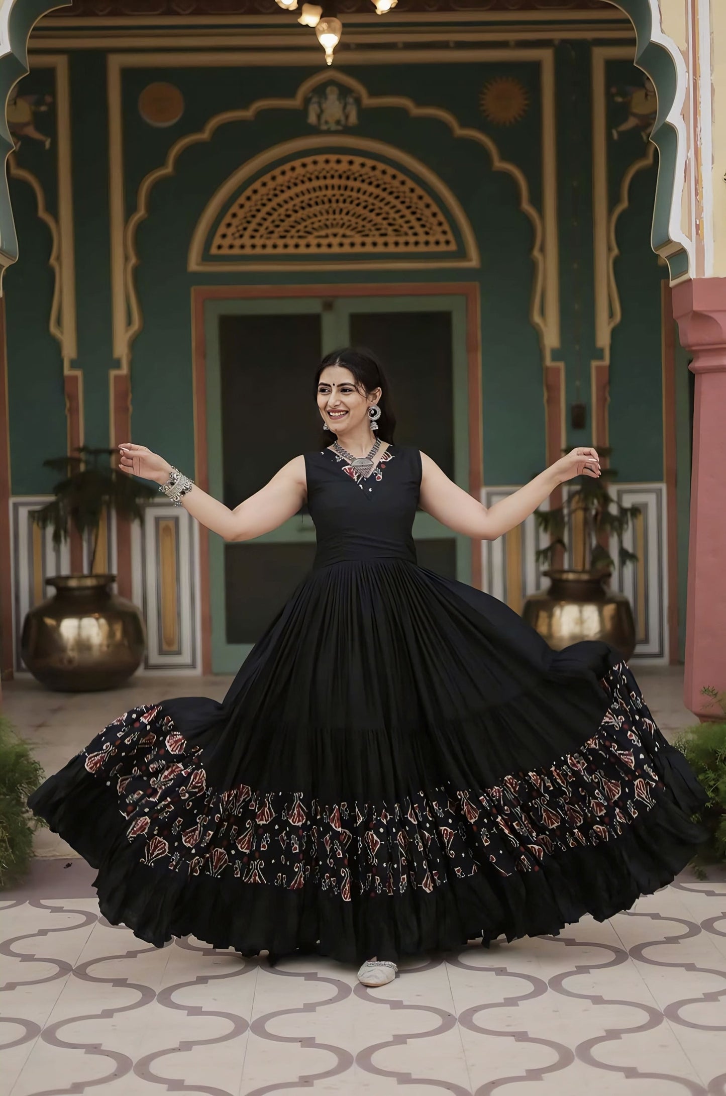 Black Rayon Anarkali Gown with Printed Frill, V-Neck & 12 Meter Flair