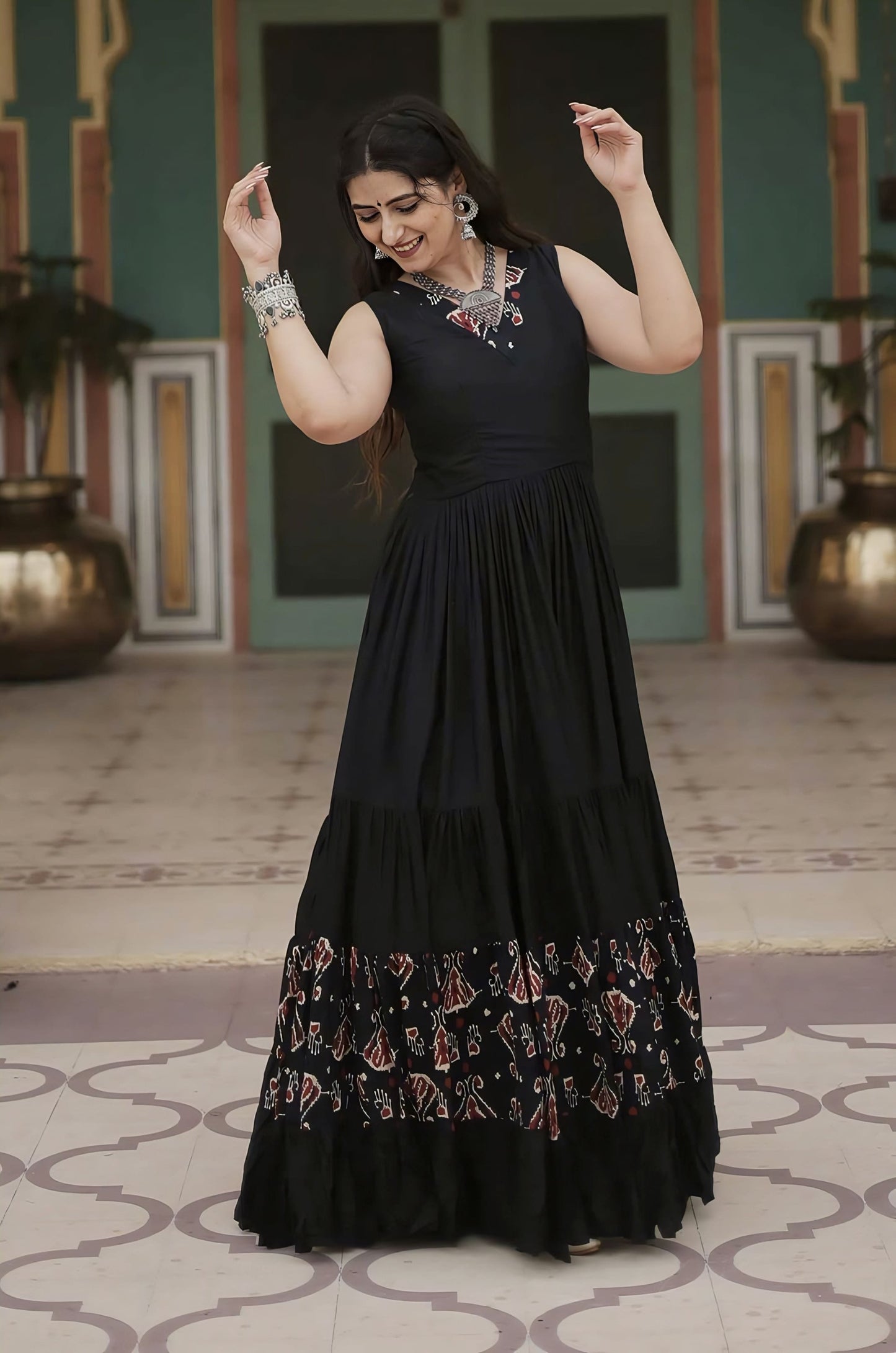 Black Rayon Anarkali Gown with Printed Frill, V-Neck & 12 Meter Flair