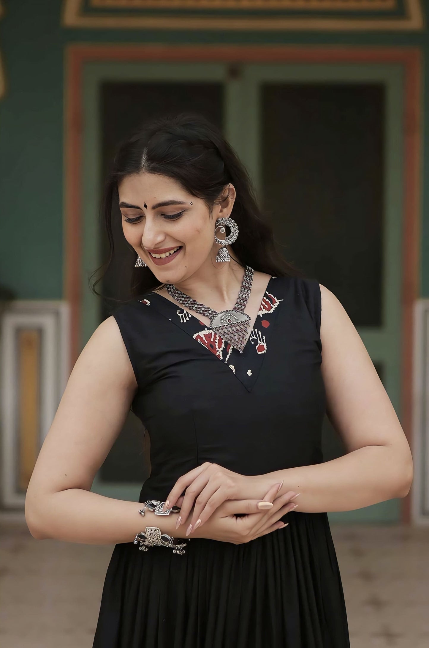 Black Rayon Anarkali Gown with Printed Frill, V-Neck & 12 Meter Flair