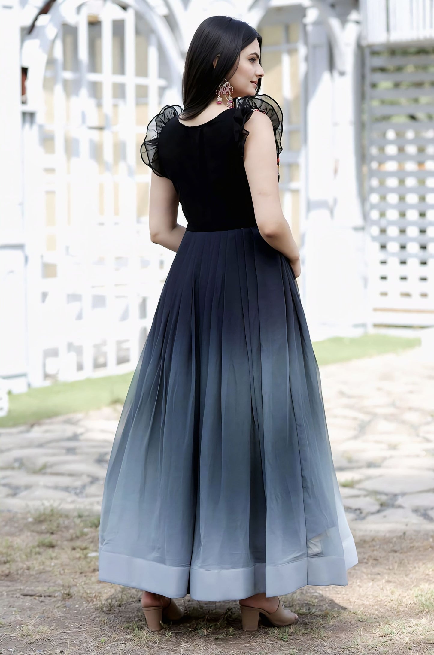 Black Ombre Georgette Gown with Floral Embroidered Bodice & Square Neck