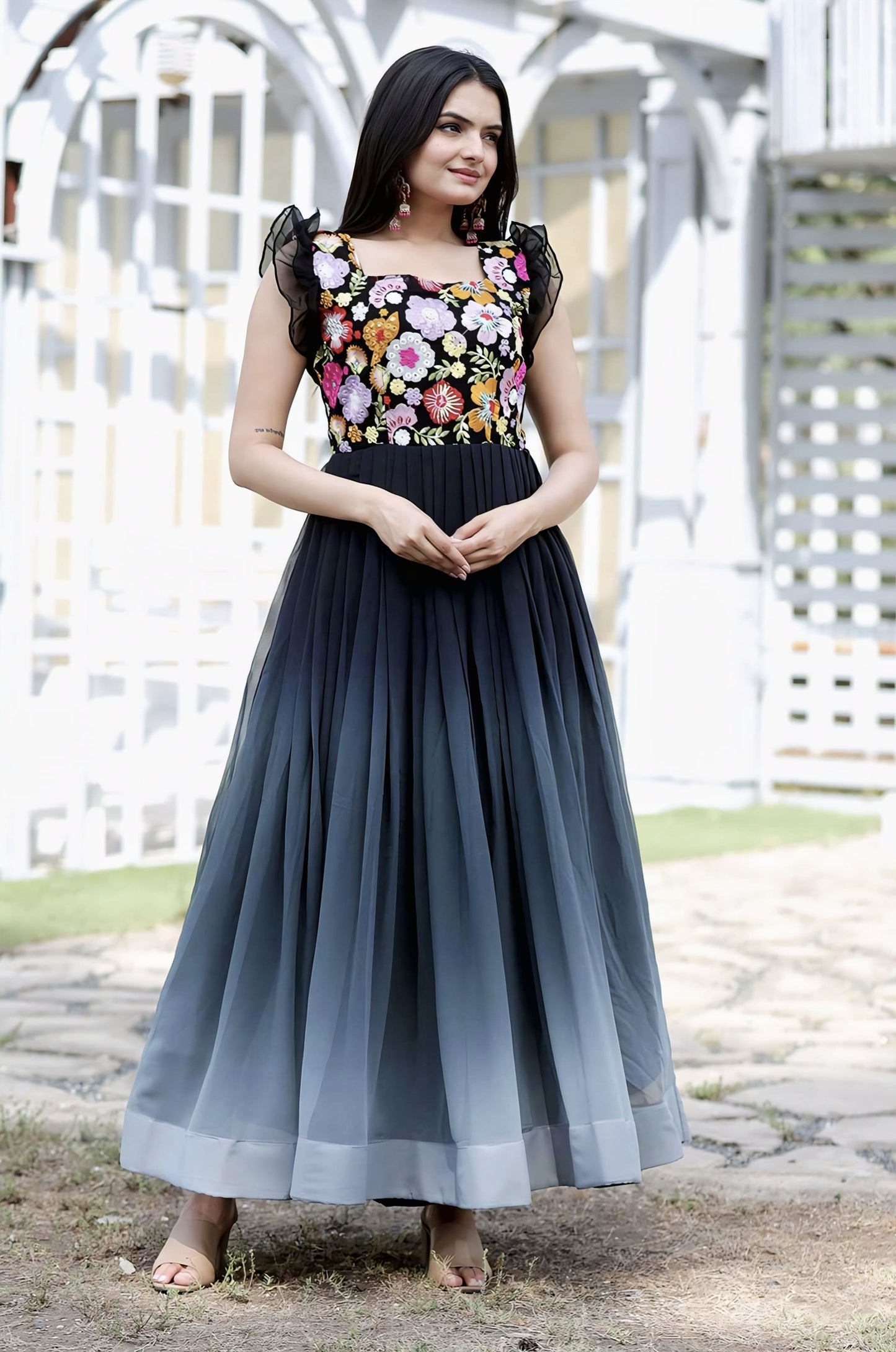Black Ombre Georgette Gown with Floral Embroidered Bodice & Square Neck