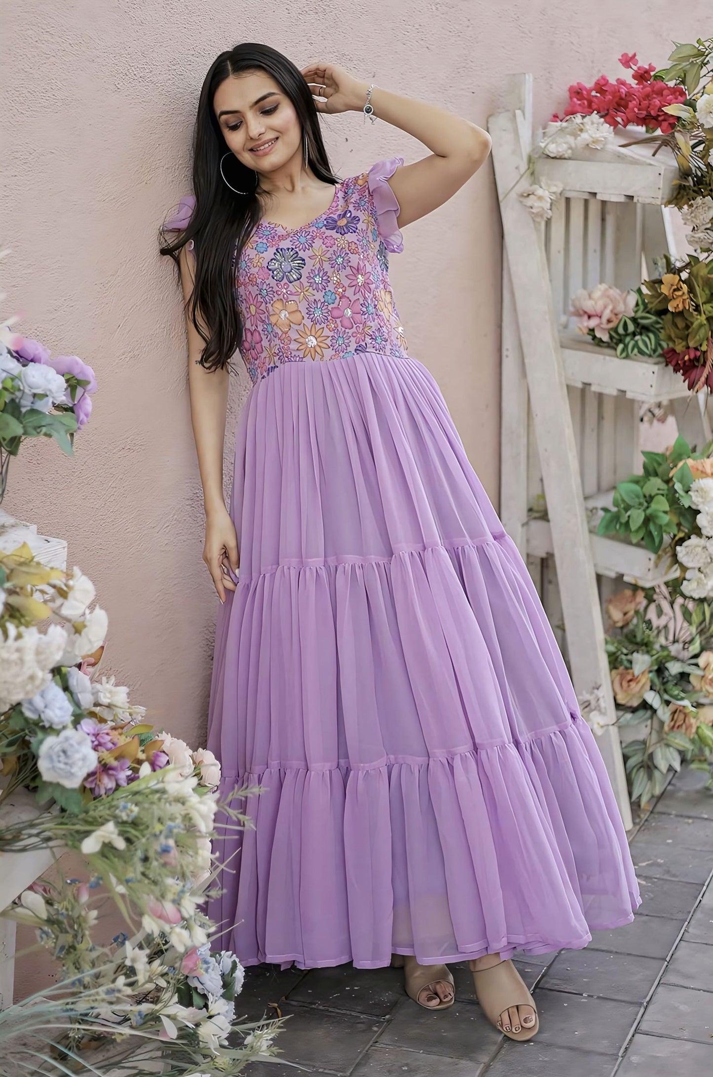 Sky Blue Georgette Gown with Floral Embroidered Bodice & Tiered Ruffle Hem