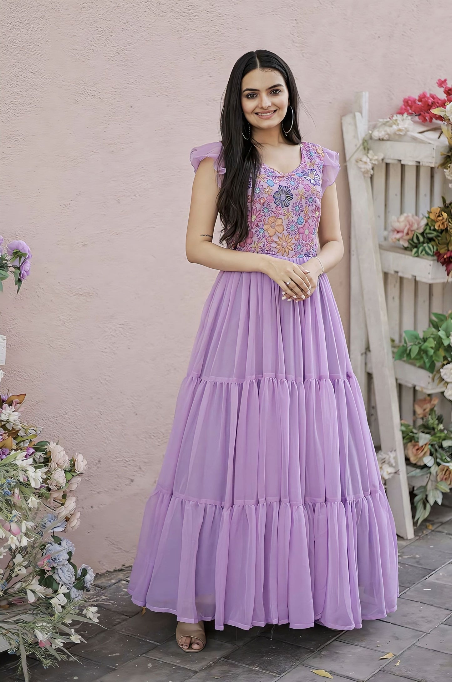 Sky Blue Georgette Gown with Floral Embroidered Bodice & Tiered Ruffle Hem