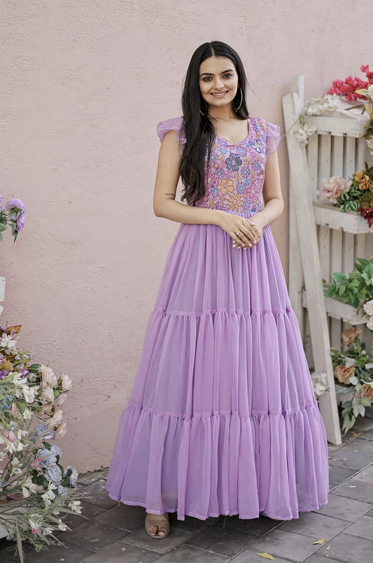 Sky Blue Georgette Gown with Floral Embroidered Bodice & Tiered Ruffle Hem