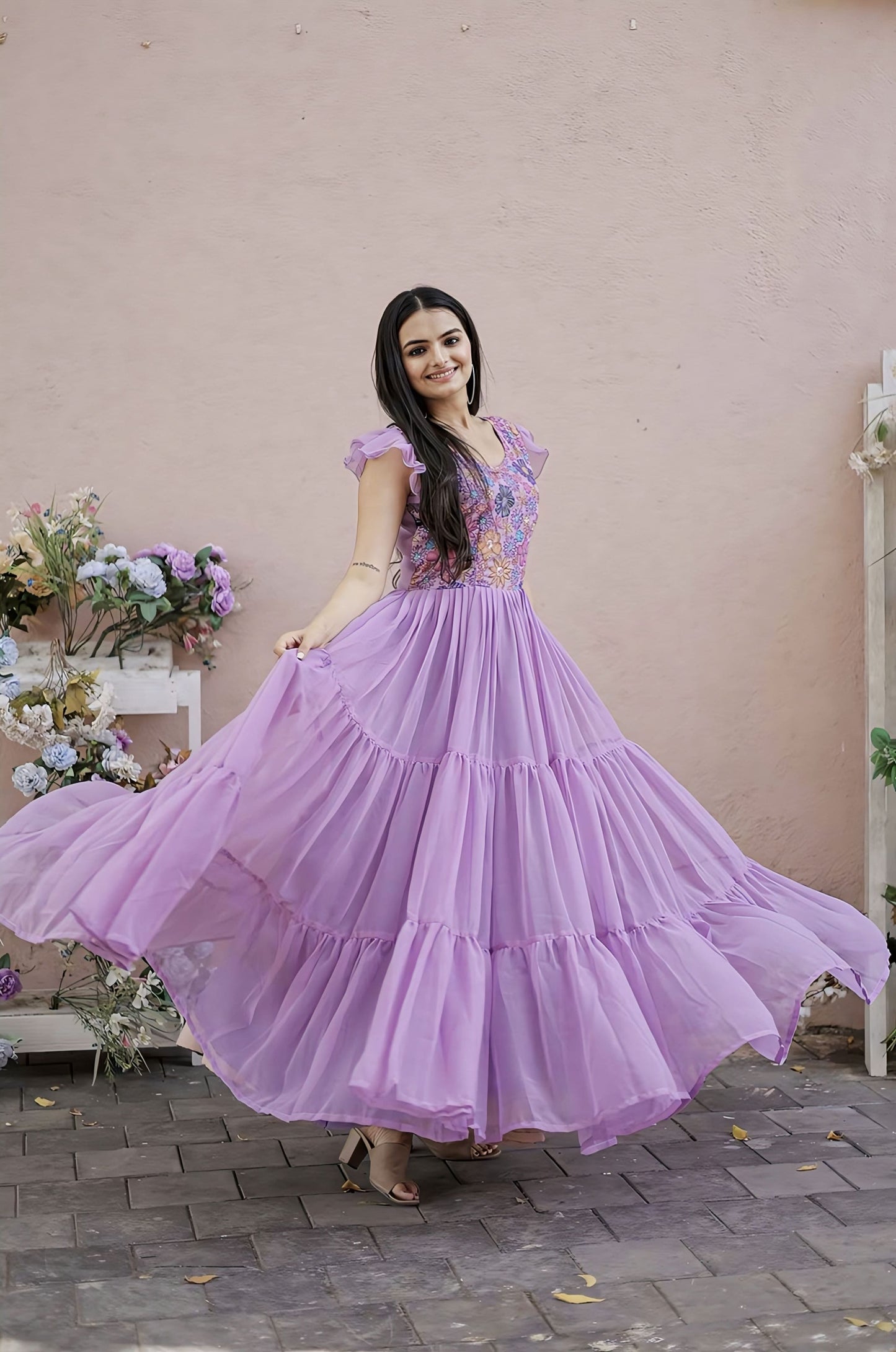 Sky Blue Georgette Gown with Floral Embroidered Bodice & Tiered Ruffle Hem