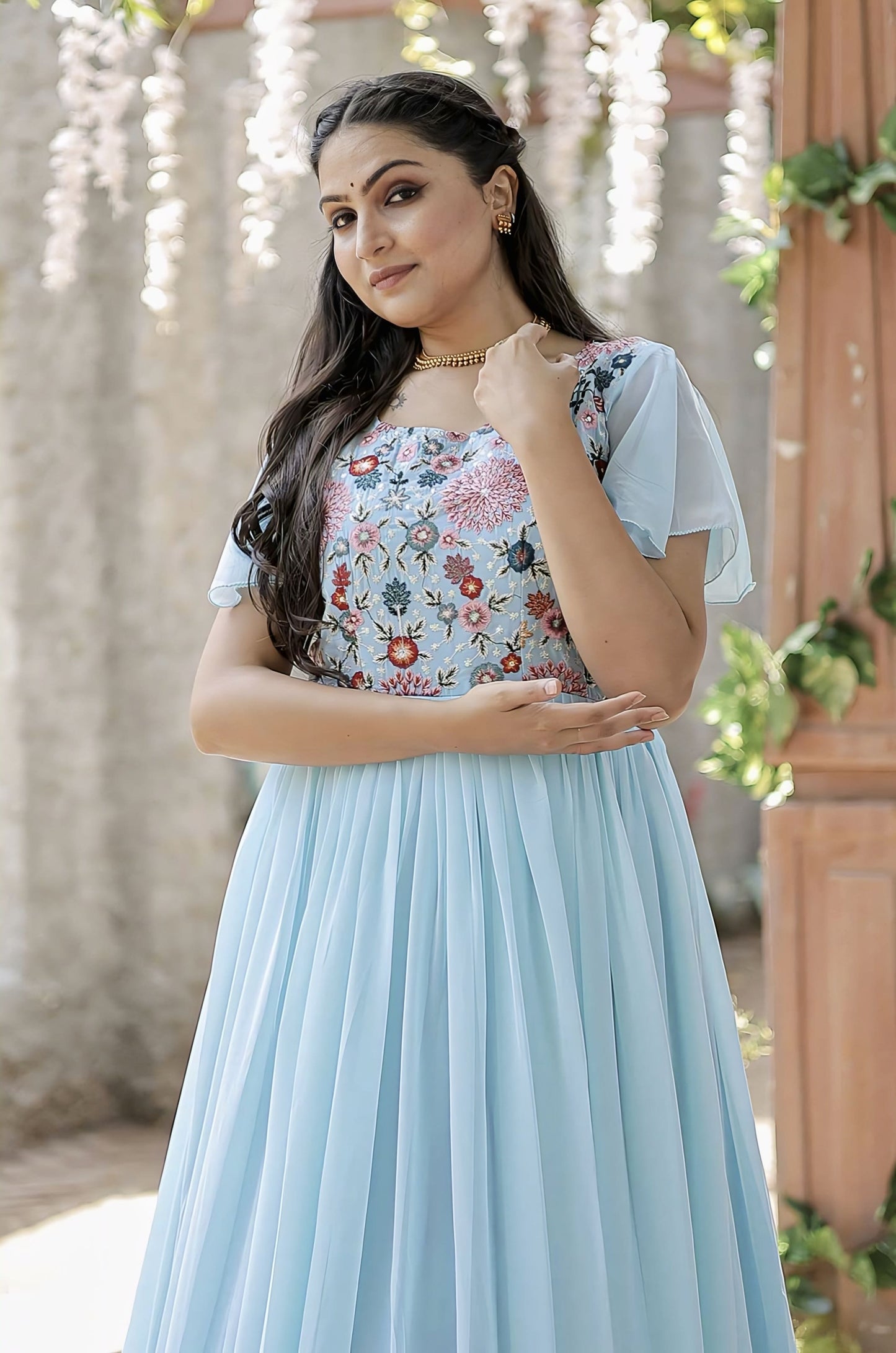 Sky Blue Georgette Gown with Floral Embroidered Bodice & Tiered Ruffle Hem