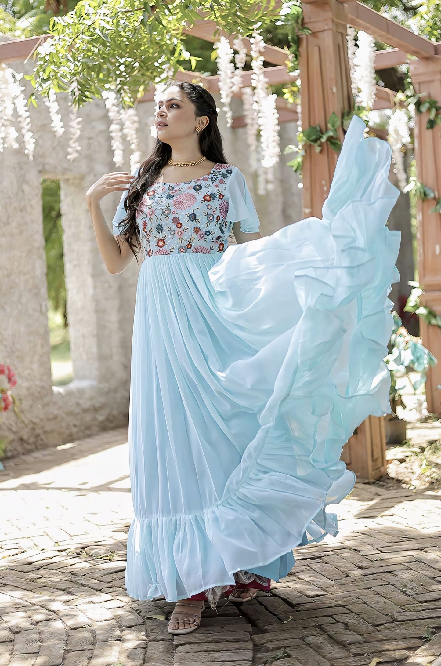 Sky Blue Georgette Gown with Floral Embroidered Bodice & Tiered Ruffle Hem