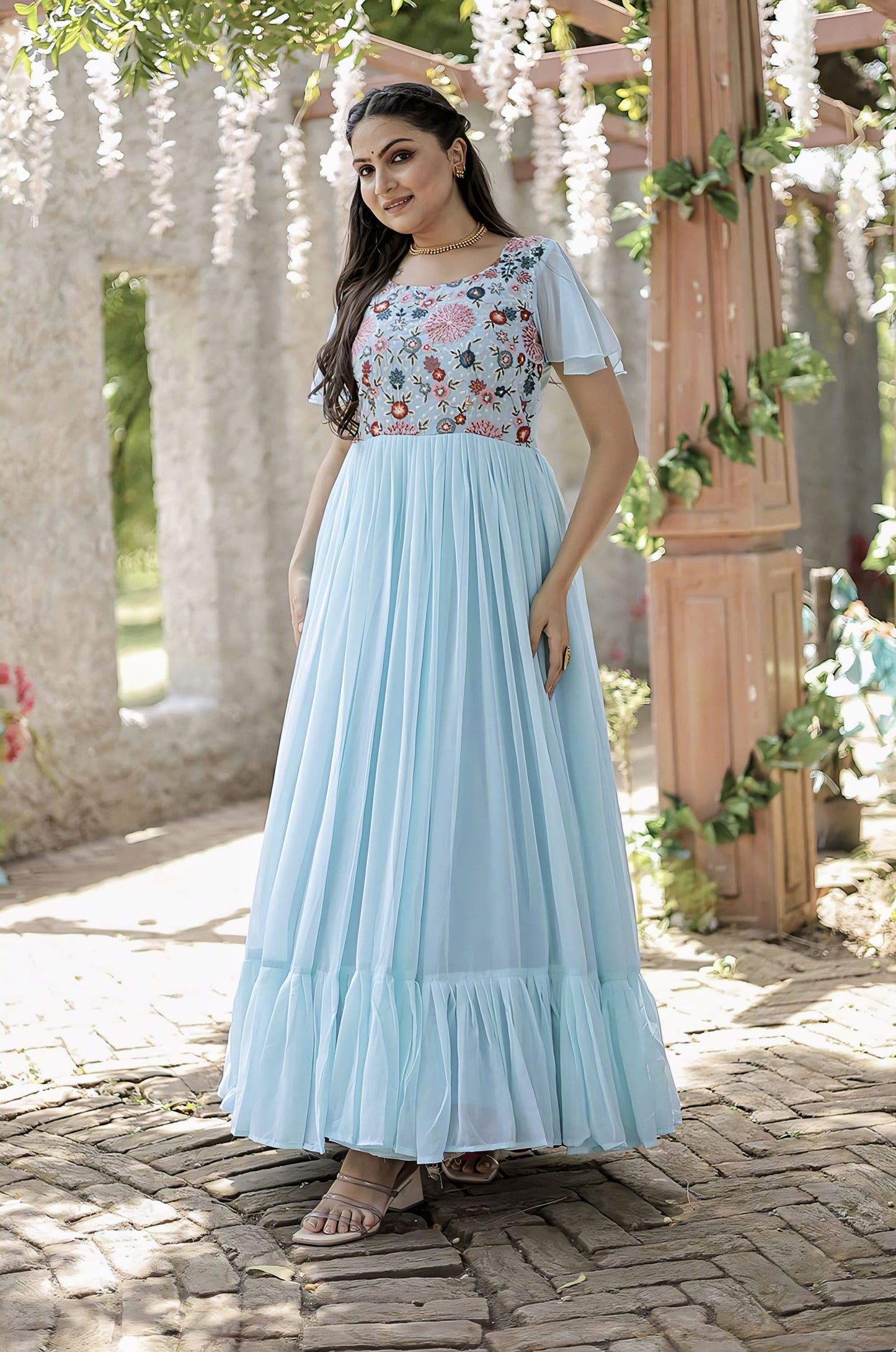 Sky Blue Georgette Gown with Floral Embroidered Bodice & Tiered Ruffle Hem