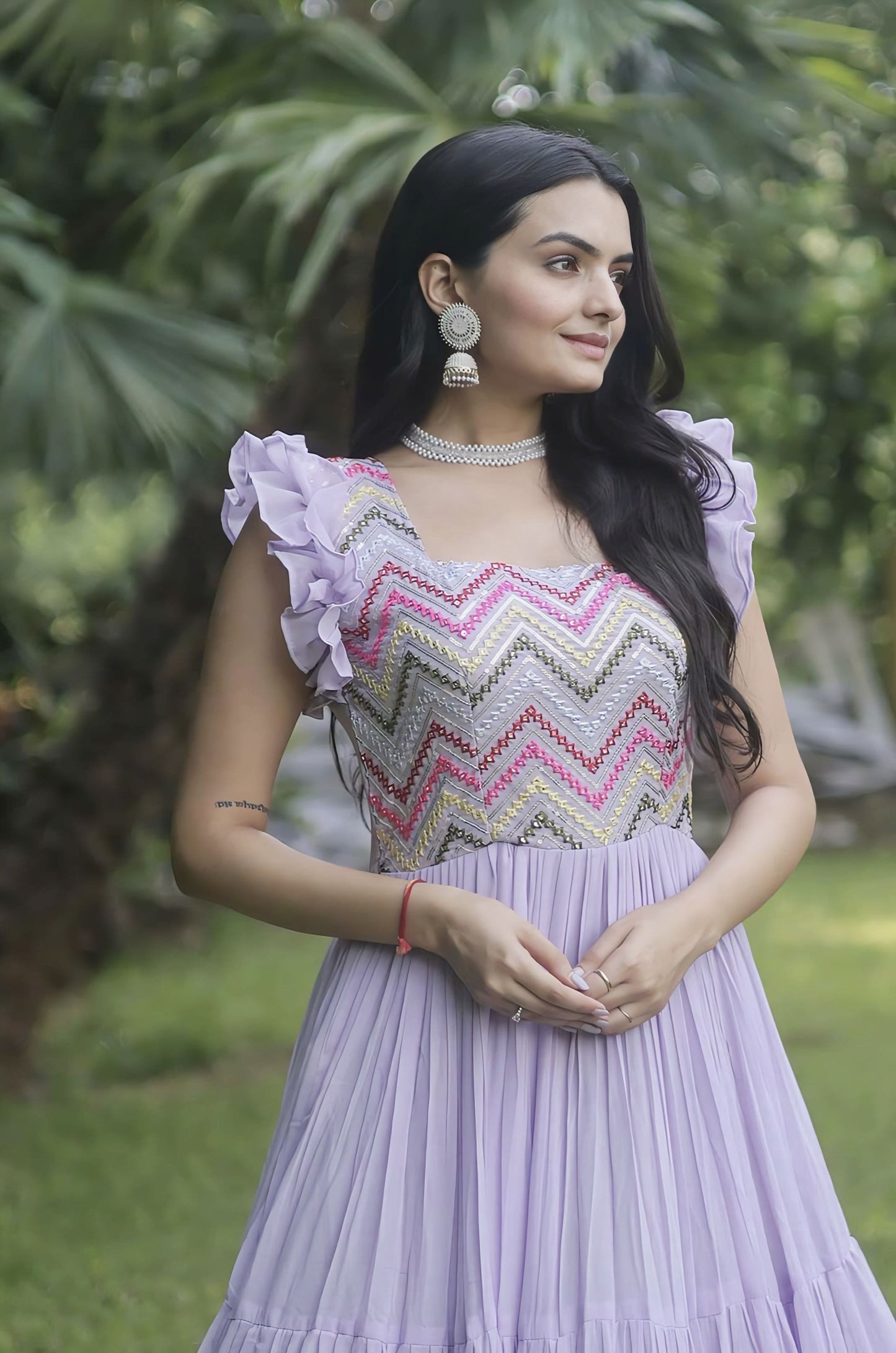 Purple Georgette Gown with Heavy Beaded Sequin Embroidery & Ruffled Hem