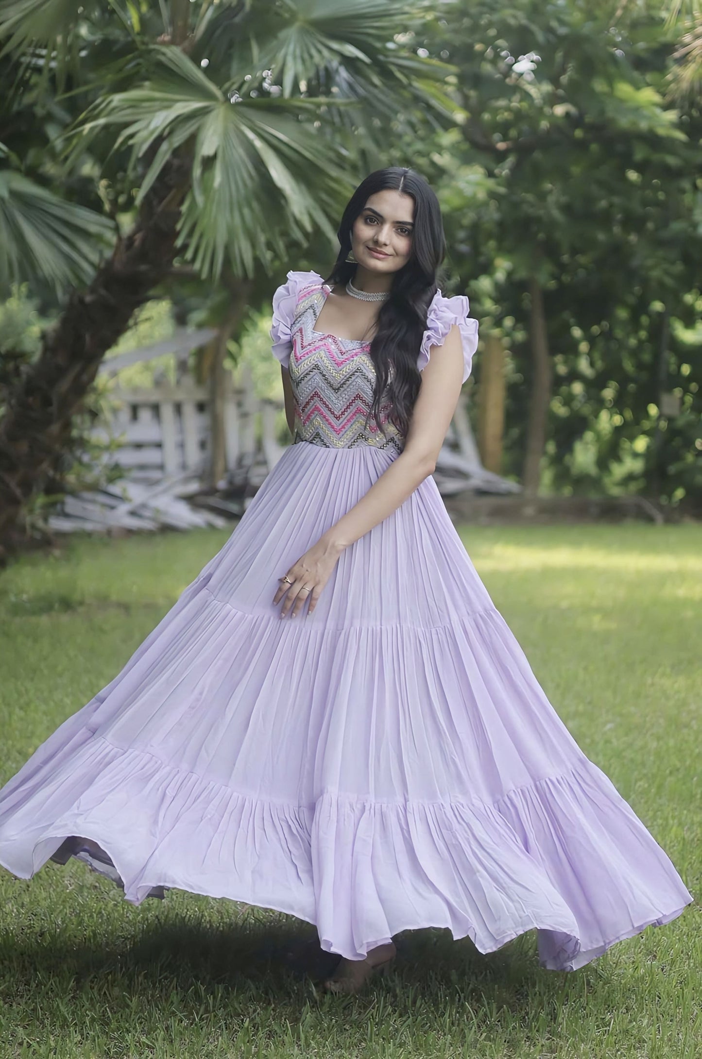Purple Georgette Gown with Heavy Beaded Sequin Embroidery & Ruffled Hem